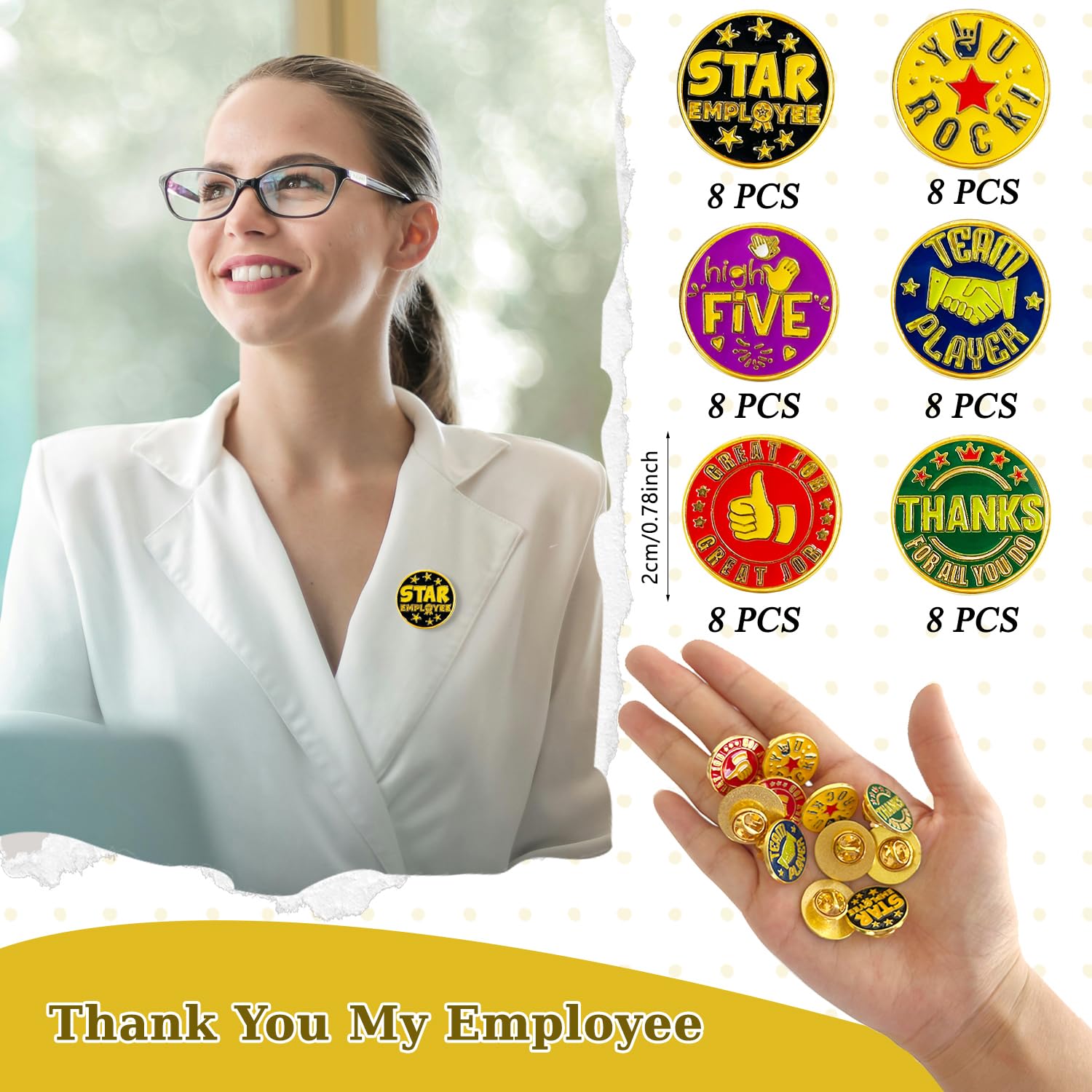 48 Pcs Employee Appreciation Lapel Pins - 3/4 Inch Enamel Recognition Pins for Employee of The Month, Team Awards & Workplace Motivation (6 Styles) - Perfect for Corporate Gifts, Office Events & Staff Encouragement