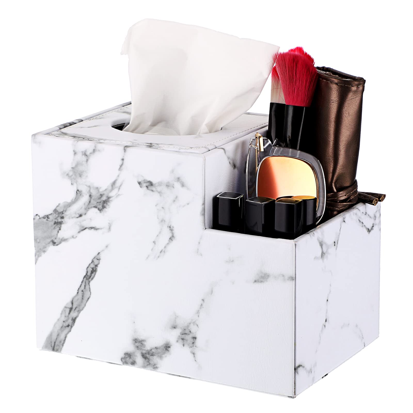 Sumnacon Square Leather Tissue Box Cover - PU Cube Tissue Box Holder with Side Organizer | Decorative Tissue Box for Living Room, Vanity, Nightstand, Desk & Office | Marble White | Perfect for Home Decor, Bathroom & Gift Giving