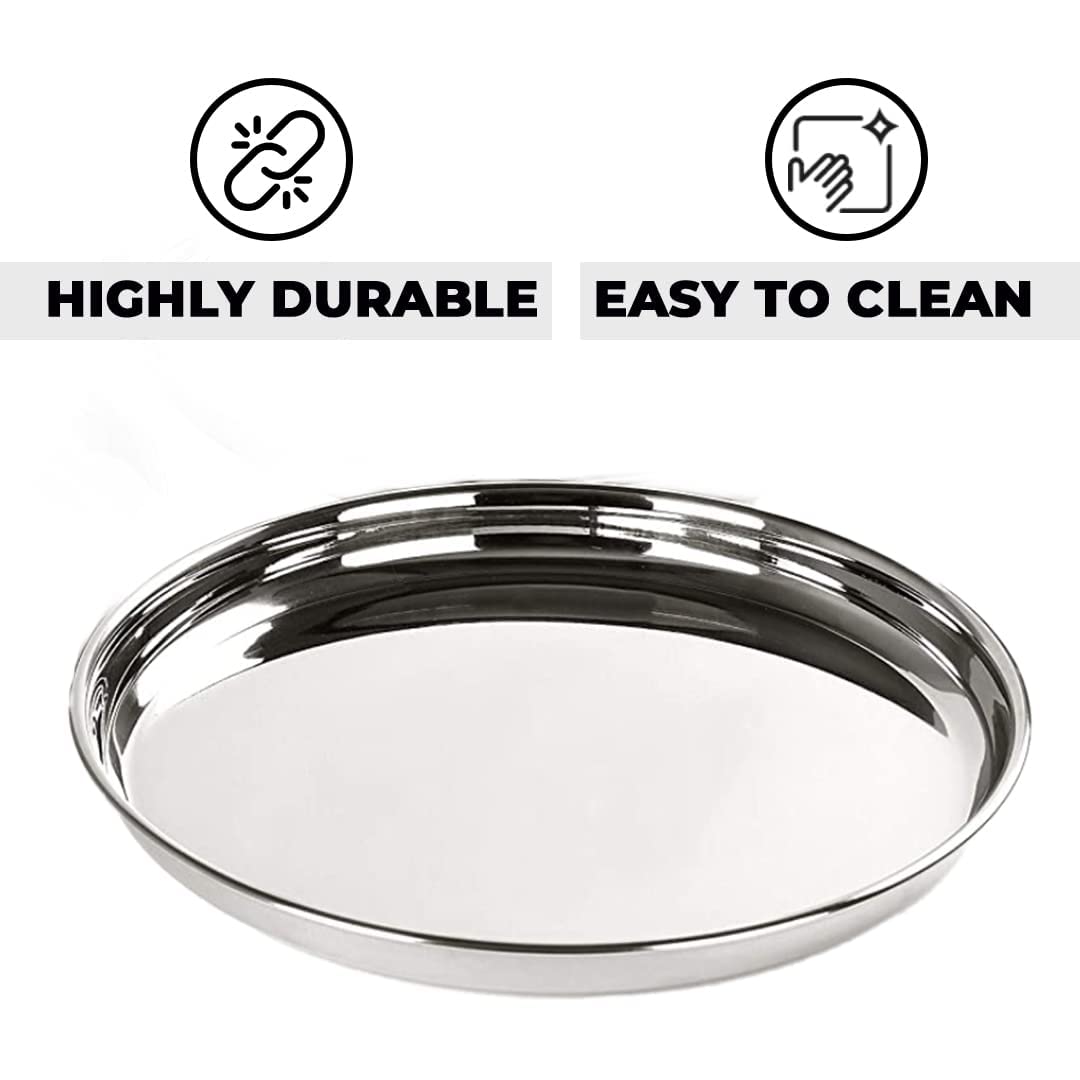 Kuber Industries Stainless Steel Dinner Plate Set - 4 Pack | Durable, Scratch-Resistant & Easy to Clean | Blunt Edges & Deep Base Design | Perfect for Home, Restaurant, Camping & Outdoor Dining