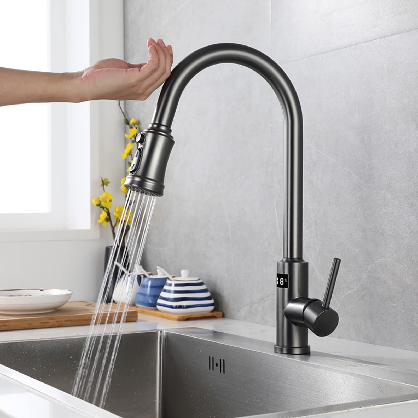 Smart LED Digital Display Touch Kitchen Faucet with Pull Down Sprayer - Single Handle Stainless Steel Sink Faucet for Modern Kitchens | Perfect for Cooking, Washing Dishes & Home Renovation