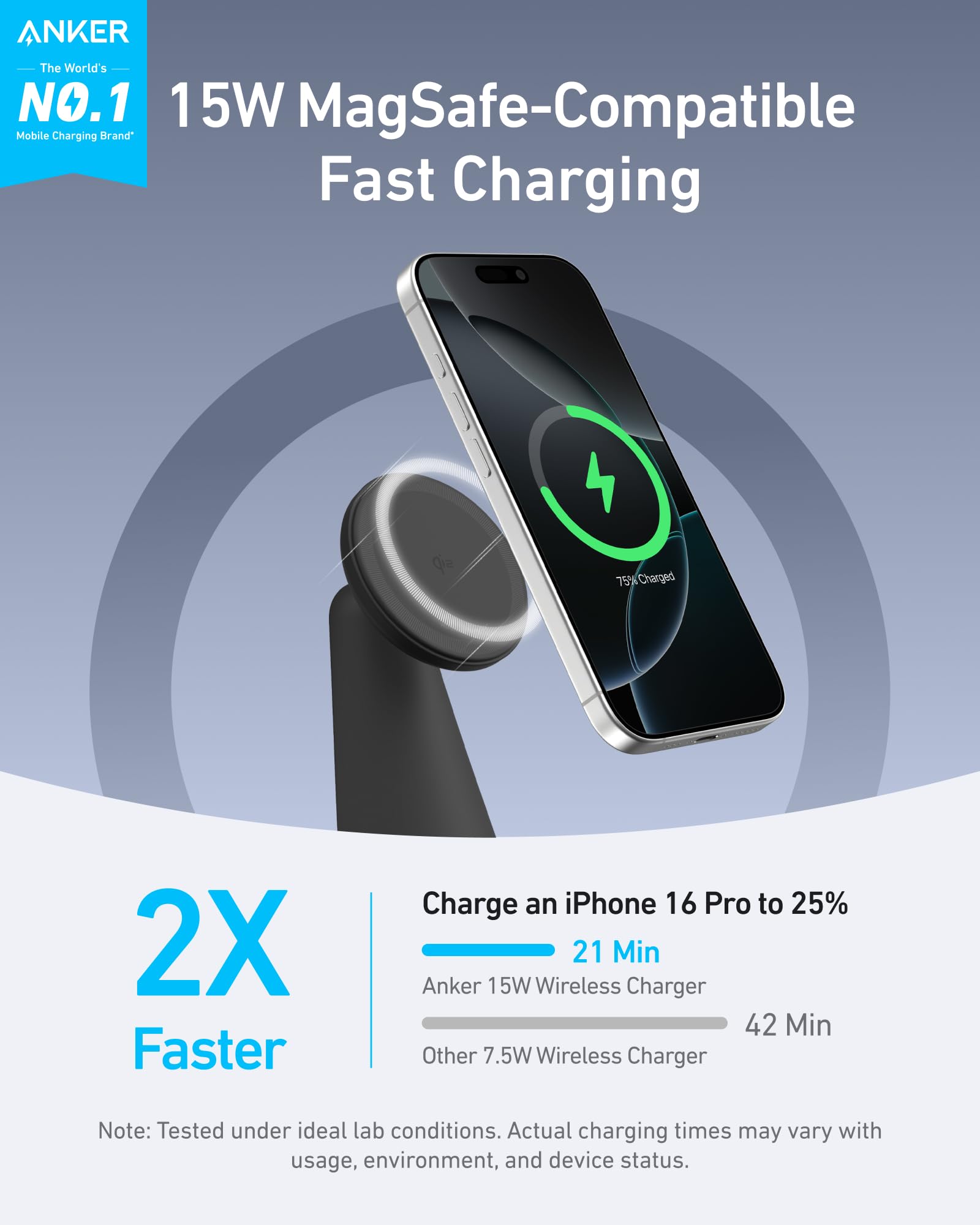 Anker MagSafe Compatible 2-in-1 Wireless Charging Stand - Qi2 Certified 15W Fast Charger for iPhone 16/15/14/13/12 Series & AirPods | Adjustable Angle, Strong Magnetic Hold | Perfect for Bedside, Office Desk & Travel (Wall Charger Not Included)