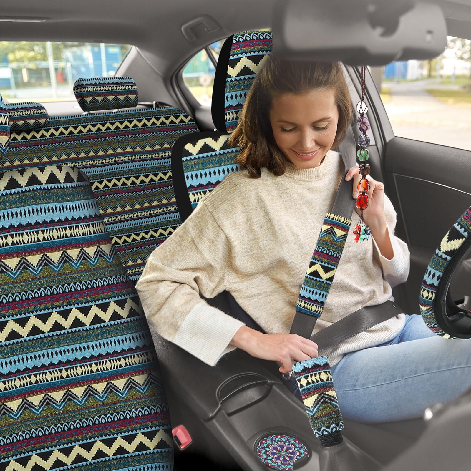 **Frienda Baja Full Set Car Seat Covers – Multicolor Stripe Boho Print, Steering Wheel Cover, Seat Belt Cover & Crystal Hanging Ornament – Universal Fit for Cars (Fresh Style) – Perfect for Road Trips, Daily Commutes & Car Interior Styling**