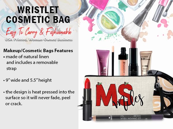 Personalized Apple Teacher Gift Wristlet Makeup Bag - Cosmetic Zippered Pouch Tote for Women - Back to School Appreciation Present - Perfect for Teachers, Educators & School Staff (Great for Classroom Storage, Travel & Daily Essentials)