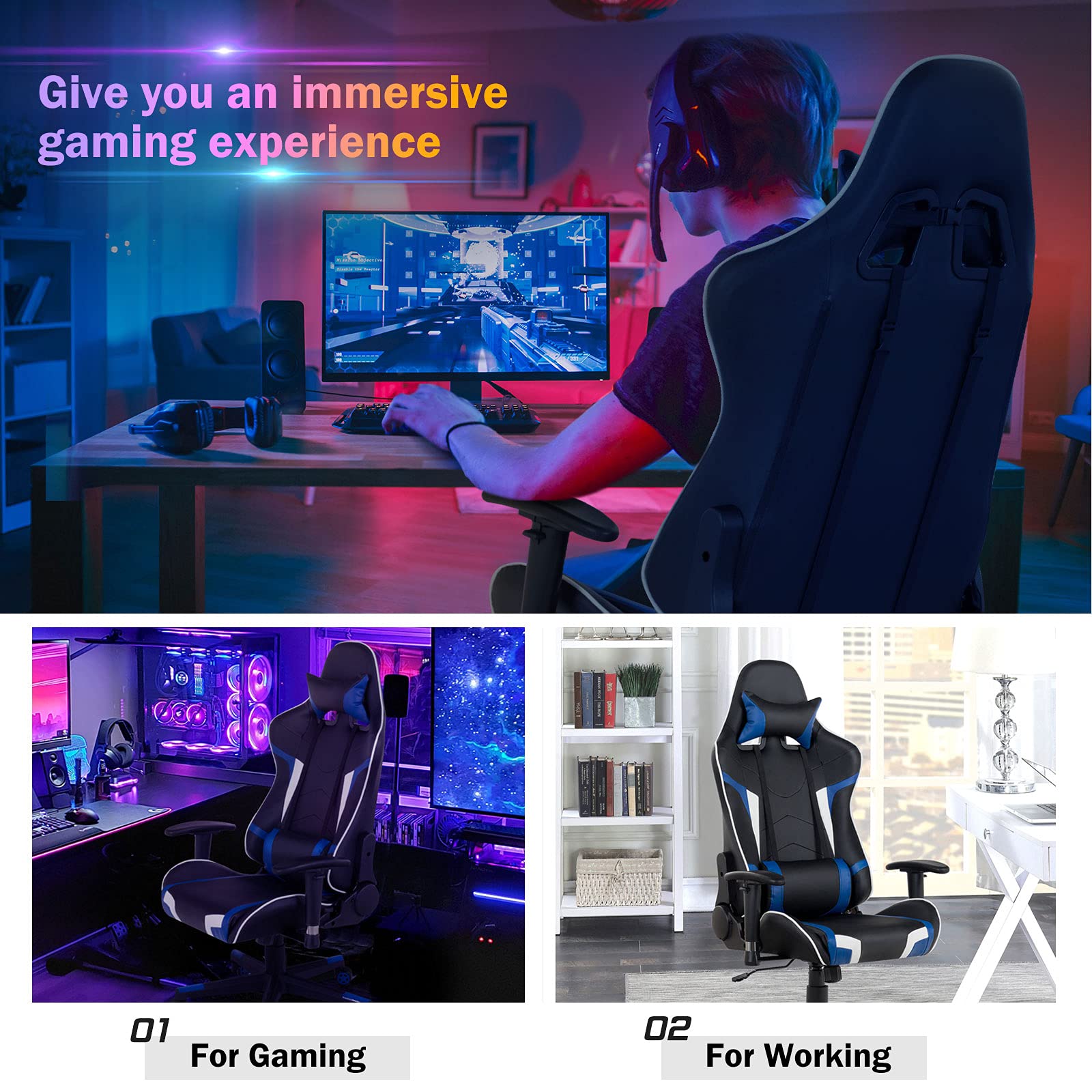 GYMAX Ergonomic Gaming Chair with Massage, Adjustable Headrest & Lumbar Support - Blue Reclining Computer Chair for Office & Home Gaming Setup - Perfect for Esports, Streaming, and Long Work Sessions