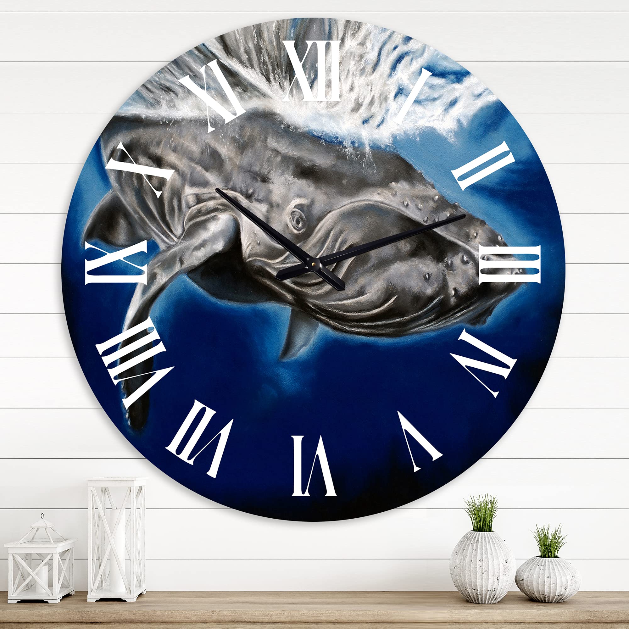 DesignQ Nautical Coastal Wall Clock - Large Humpback Whale Portrait Wall Clock for Home Office Decor | Perfect for Beach House, Living Room & Coastal Themed Spaces