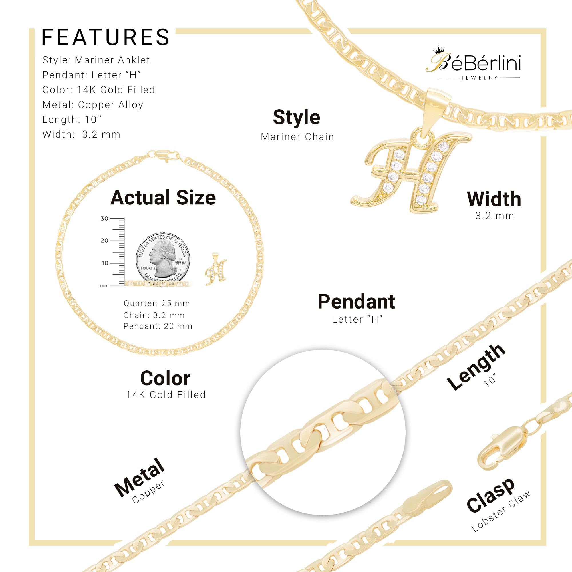 BEBERLINI 14K Gold Filled Letter CZ Charm Initial Anklet for Women - Dainty Mariner Chain Ankle Bracelet Jewelry - Perfect for Gifts, Beach Wear, and Everyday Fashion Accessories