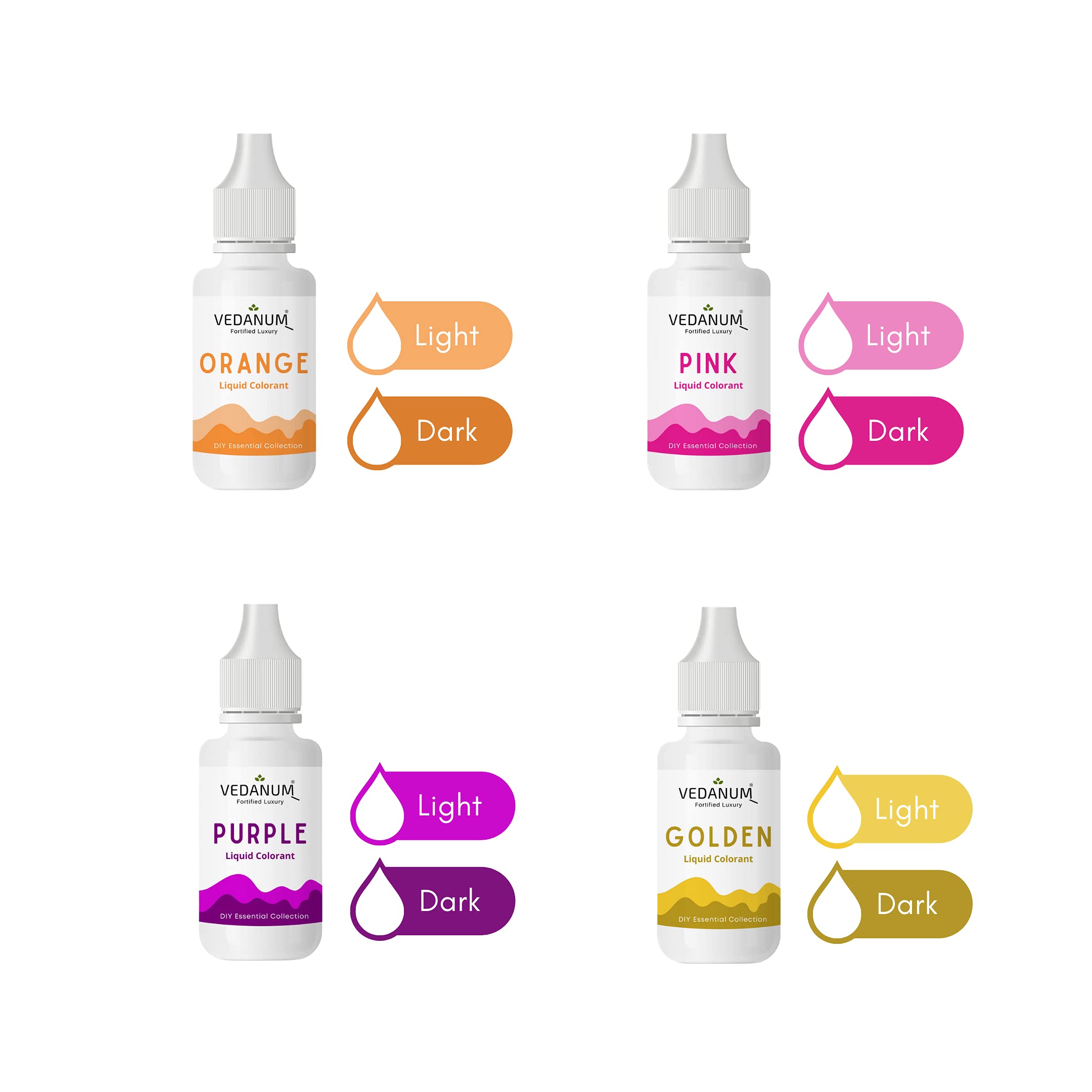 VEDANUM DIY Soap Making Liquid Colors - 4 Pack (Orange, Pink, Purple, Golden) for Bath Bombs & Cosmetics