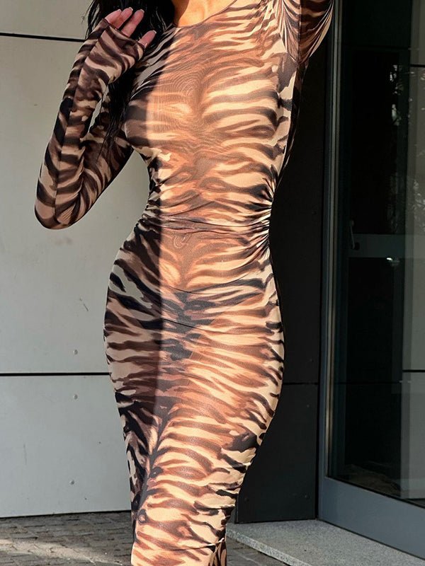 ZASUWA Women's Tiger Stripe Print Mesh Dress - Sexy Round Neck Bodycon Dress for Night Out, Party & Date Night