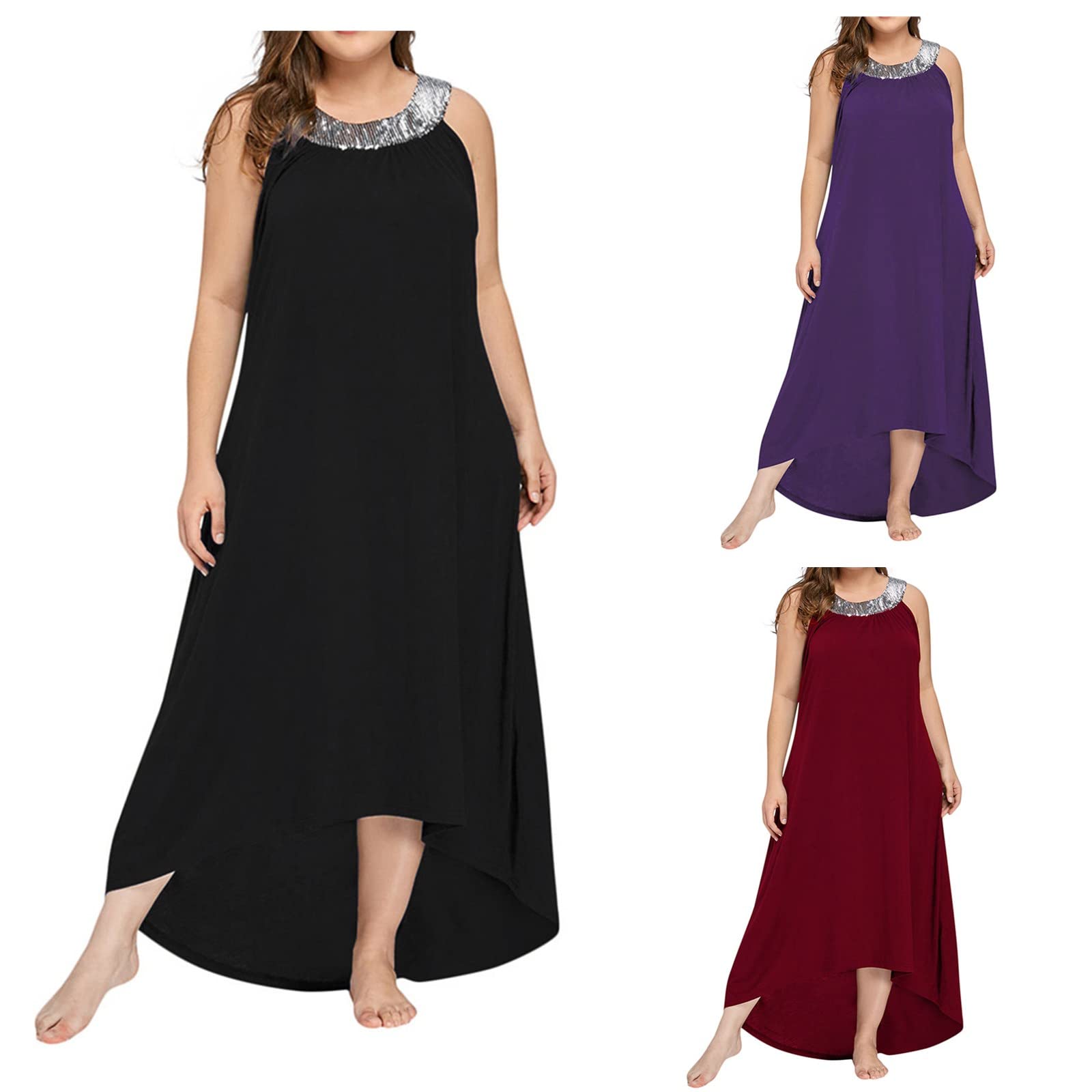 Elegant Plus Size Women's Formal Dress with Sequins & Beaded Collar - Crew Neck Sleeveless Summer Party Dress for Casual & Special Occasions