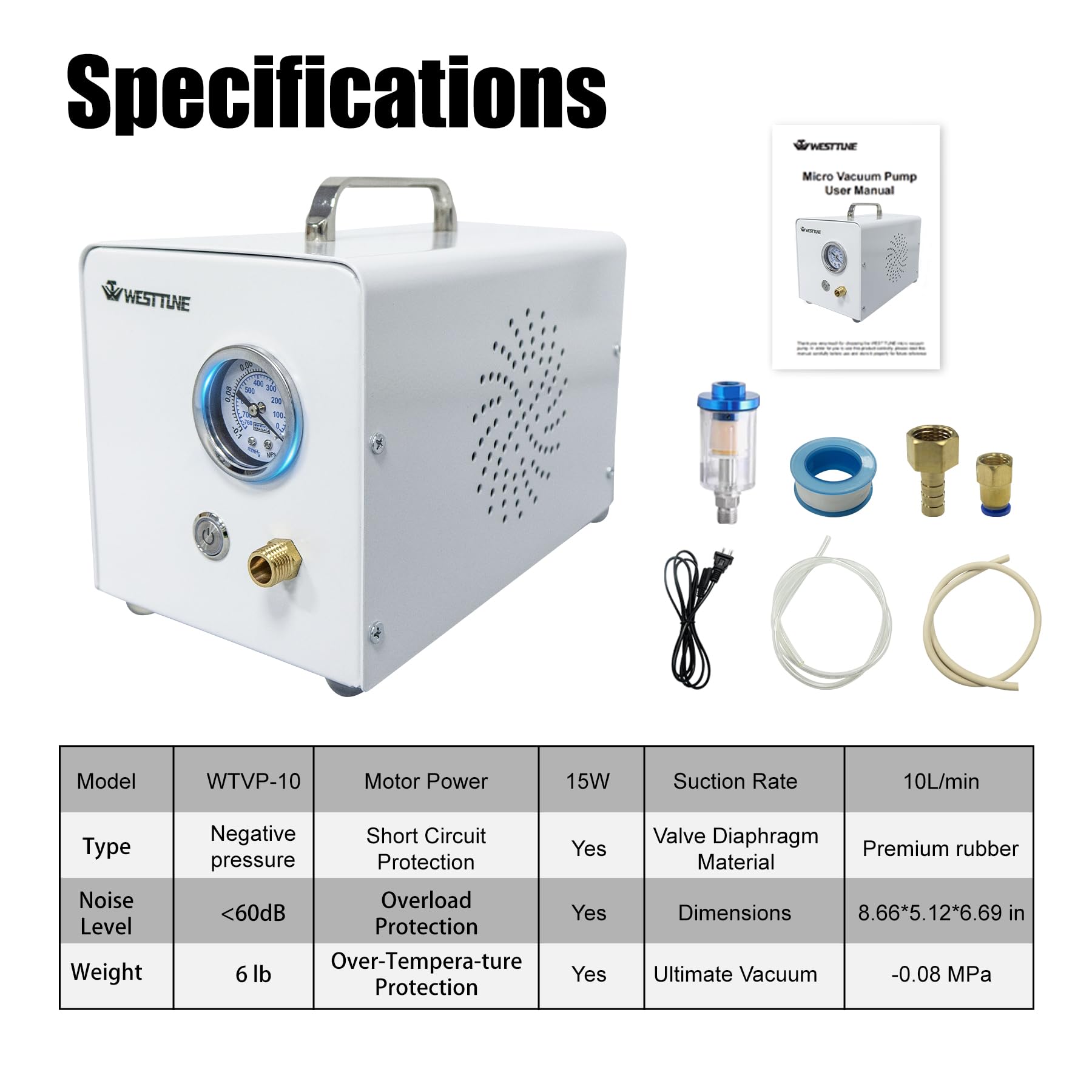 Lab Diaphragm Vacuum Pump - Portable Oilless Vacuum Filtration System for Laboratory Use with 2 Rubber Tubes & 10L/min Negative Pressure - Ideal for Chemistry Experiments, Medical Research & Scientific Filtration