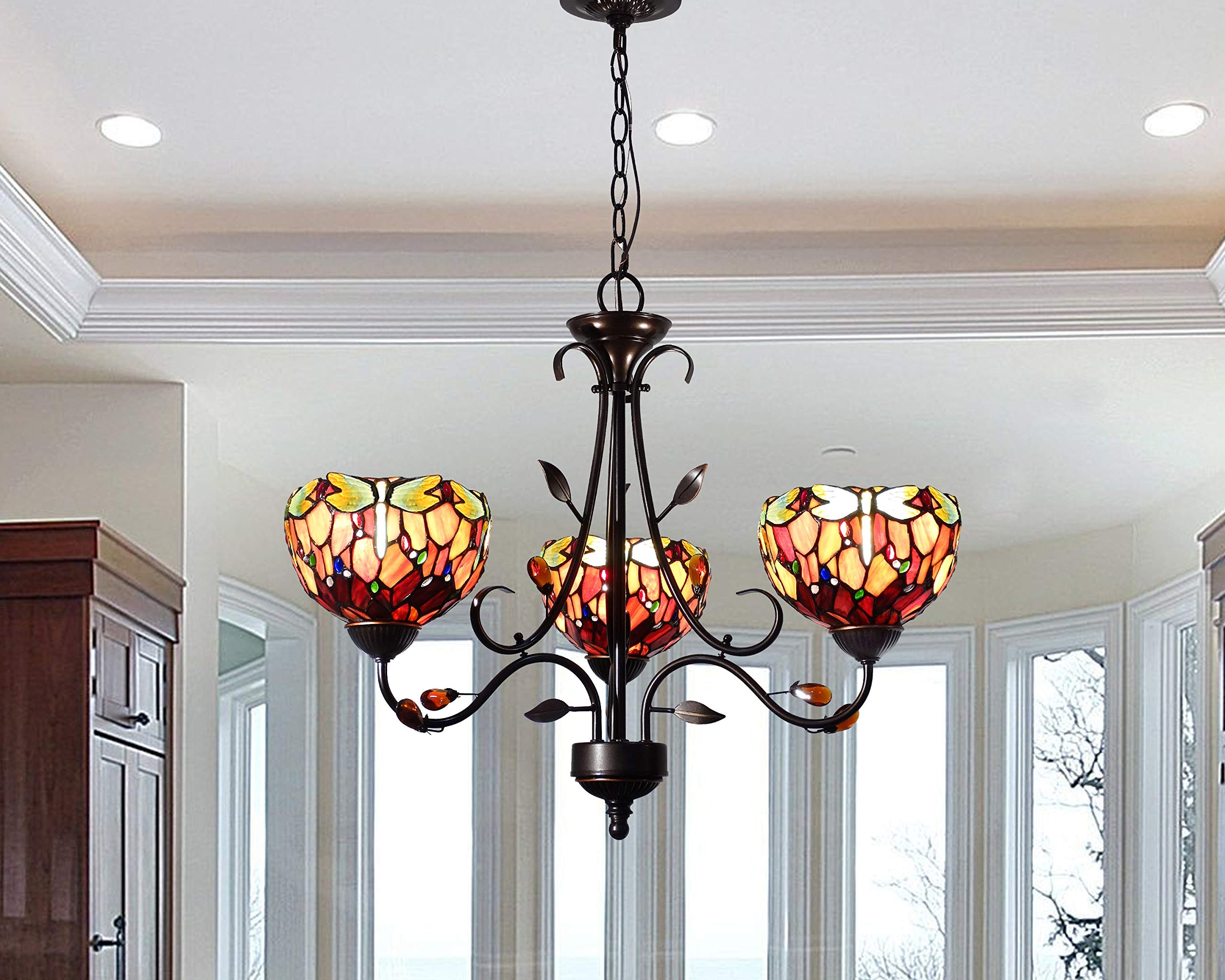 Dale Tiffany TH14116 Dragonfly 3-Light Tiffany Style Stained Glass Pendant Light Fixture - Antique Golden Bronze Finish for Dining Room, Kitchen Island or Entryway Lighting