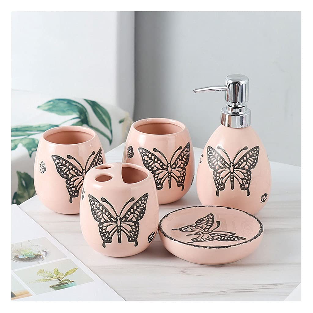5-Piece Ceramic Bathroom Accessories Set - Hand Sanitizer Dispenser, Soap Dispenser, Toothbrush Holder, Tumblers & Soap Dish in Blue & Pink | Foaming Soap Dispenser for Home, Bathroom & Toilet Organization