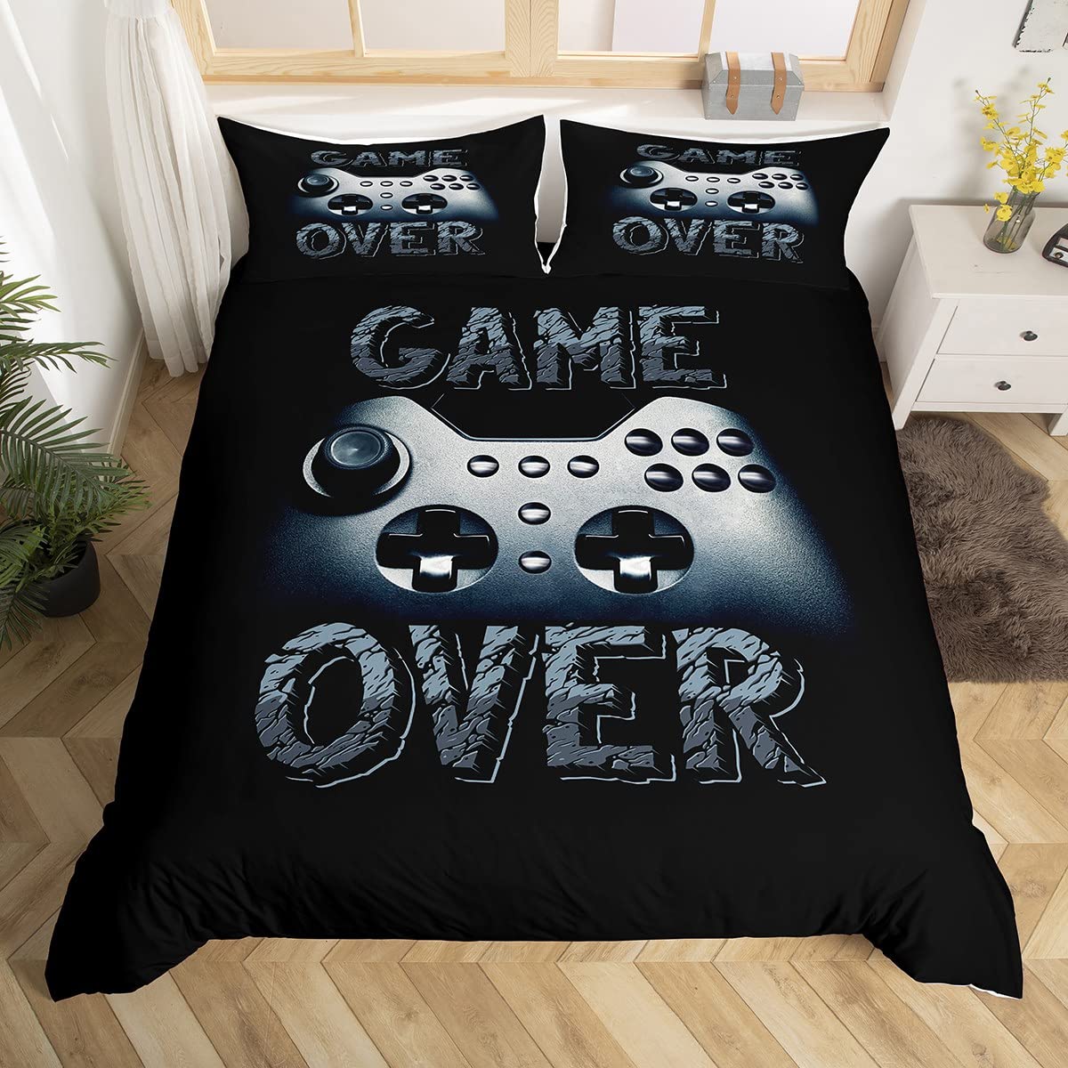Feelyou Video Game Comforter Set for Boys - Black Gaming Bedding with Controller Design, Twin Size 2-Piece Quilt Cover & Pillowcase - Perfect for Teen Bedrooms, Gaming Themed Decor, and Kids' Sleepovers