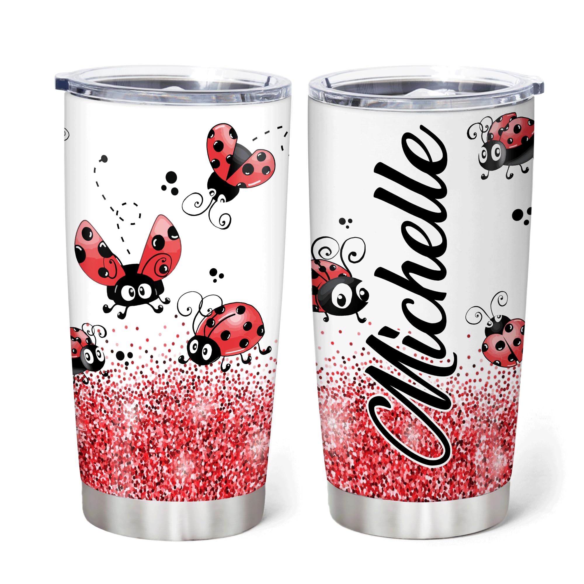 Personalized LadyBug Stainless Steel Tumbler 20oz with Lid - Custom Name Printed Cute Animal Gift for Women & Girls - Birthday, Christmas Present - Perfect for Office, Travel & Outdoor Activities