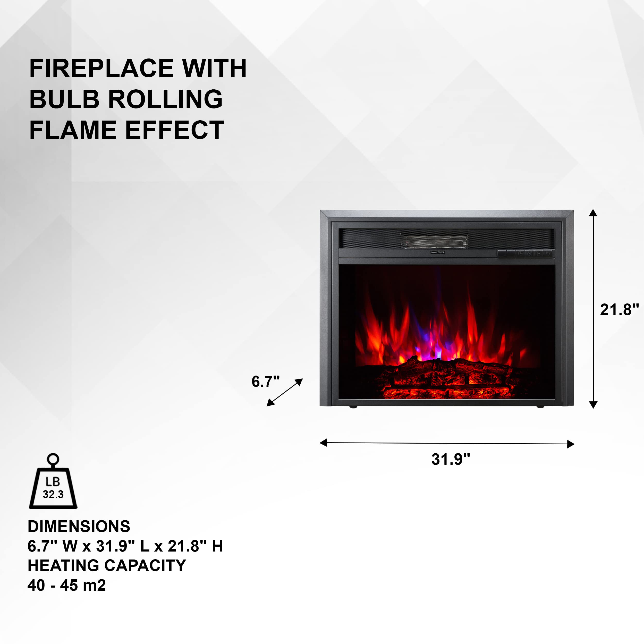XBrand 32 Inch Electric Fireplace Heater with Remote Control - LED Realistic Flame Effect, Adjustable Thermostat & Overheat Protection - Modern Black Glass & Steel Design for Living Room, Bedroom & Office