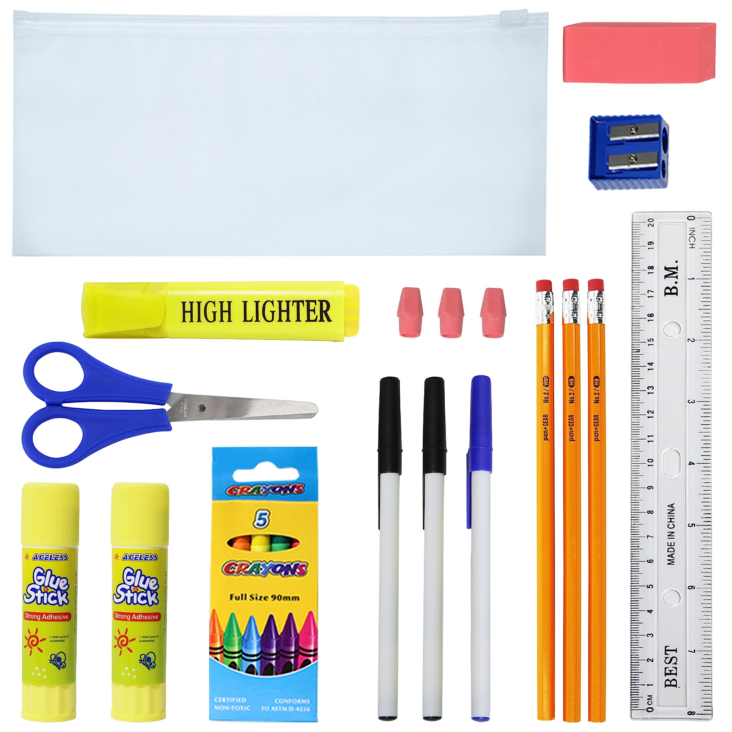 15 Inch Bulk Backpacks - 6 Colors with 22-Piece School Supply Kit (Pens, Pencils, Crayons) - Case of 12 - Perfect for Back to School, Classroom Supplies & Student Gifts