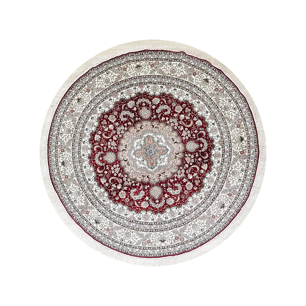 8ft Round Silk Hand-Woven Persian Floral Rug - Yilong Premium Carpet for Bedroom, Living Room & Dining Room (Red & Ivory) | Luxurious Home Decor, Wedding Gift & Interior Design Accent