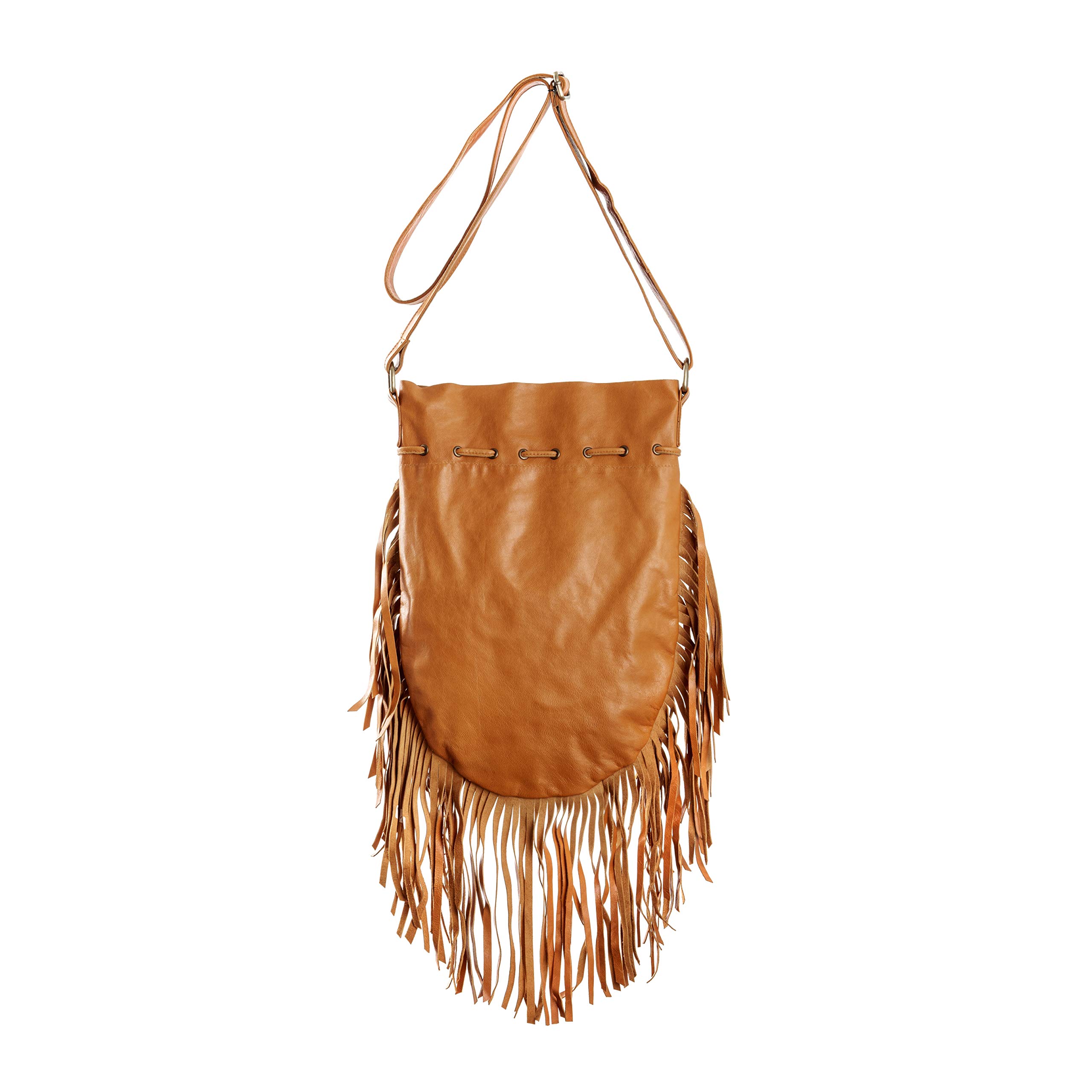 Boho Round Leather Crossbody Bag with Fringe | Genuine Leather Bohemian Purse for Women | Perfect for Music Festivals, Beach Outings & Casual Everyday Use