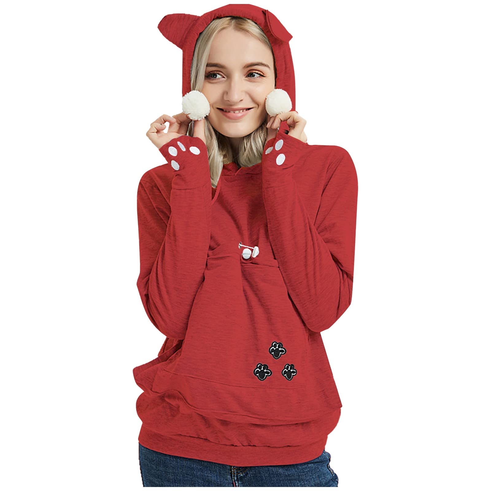 Women's Pet Carrier Hoodie - Cozy Long Sleeve Kitten & Puppy Pouch Shirt with Cat Ears | Perfect for Outdoor Walks, Travel & Snuggling with Pets