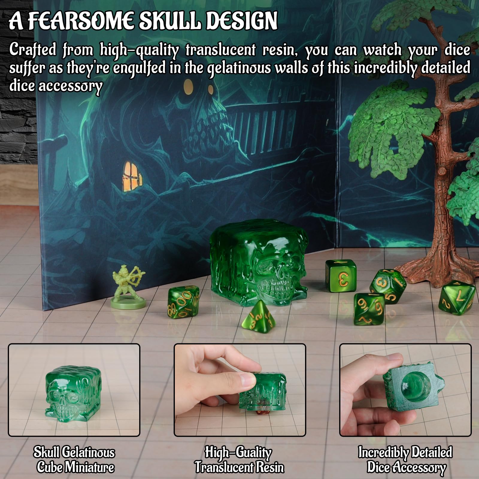 Skull Gelatinous Cube Dice Holder - Translucent Resin Dice Cage for DND - Perfect Tabletop RPG Accessories & Gifts for Gamers - Ideal for D&D Sessions, Board Game Nights & Roleplaying Adventures
