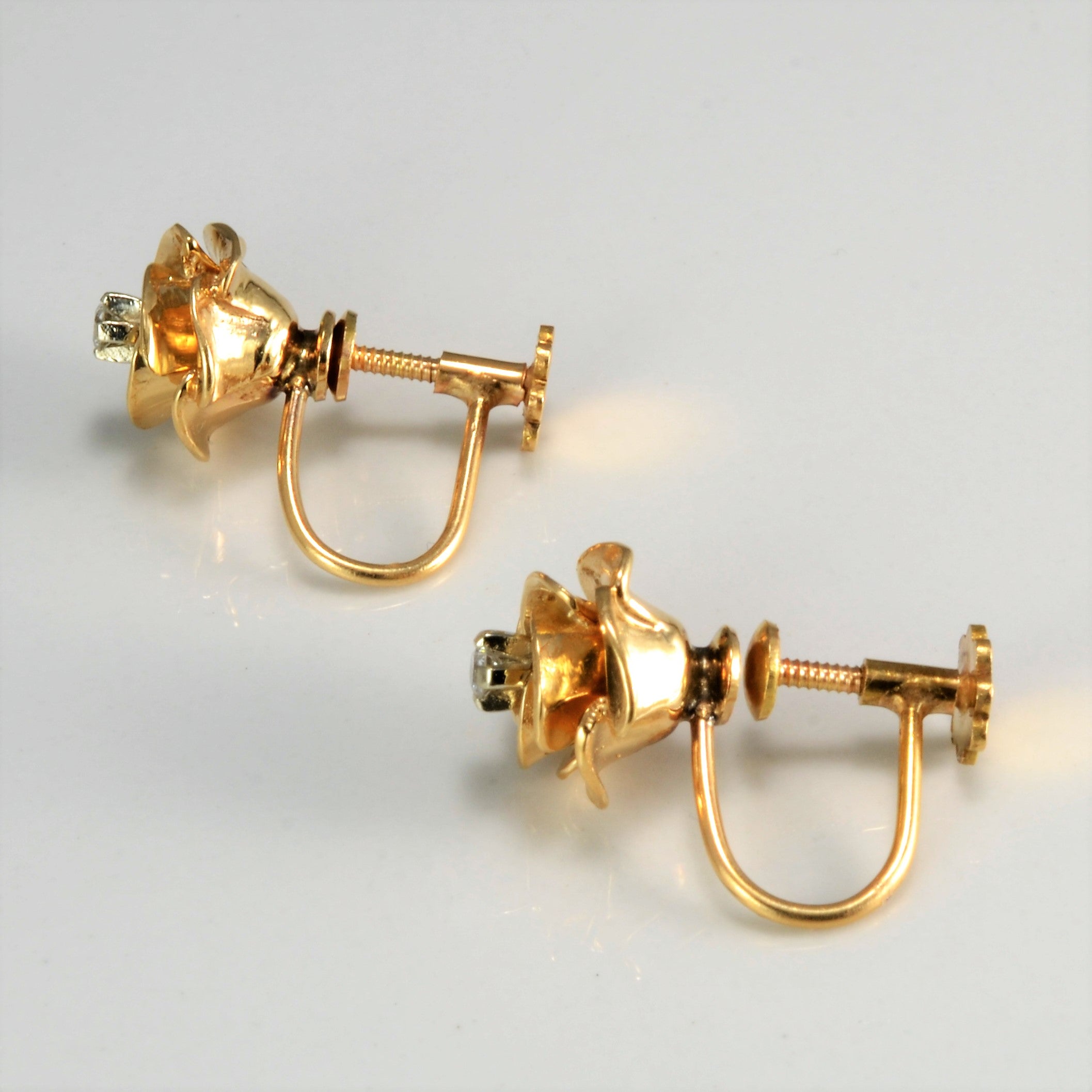 14K Yellow Gold Rose Design Diamond Screw Back Earrings for Women | 0.07 Carat Total Weight | Perfect for Weddings, Anniversaries & Special Occasions