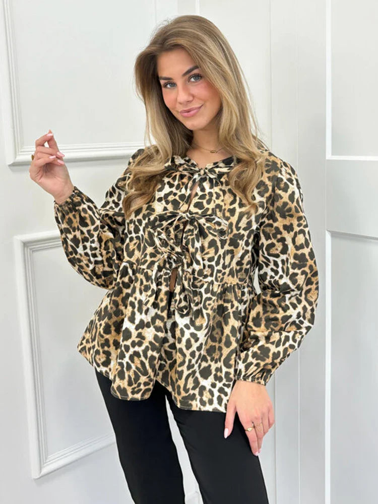 Stylish Leopard Print Long Sleeve Blouse for Women - Y2K Fashion Loose Fit Lace-Up Top for Spring/Summer - Perfect for Casual Outings, Date Nights & Streetwear Looks