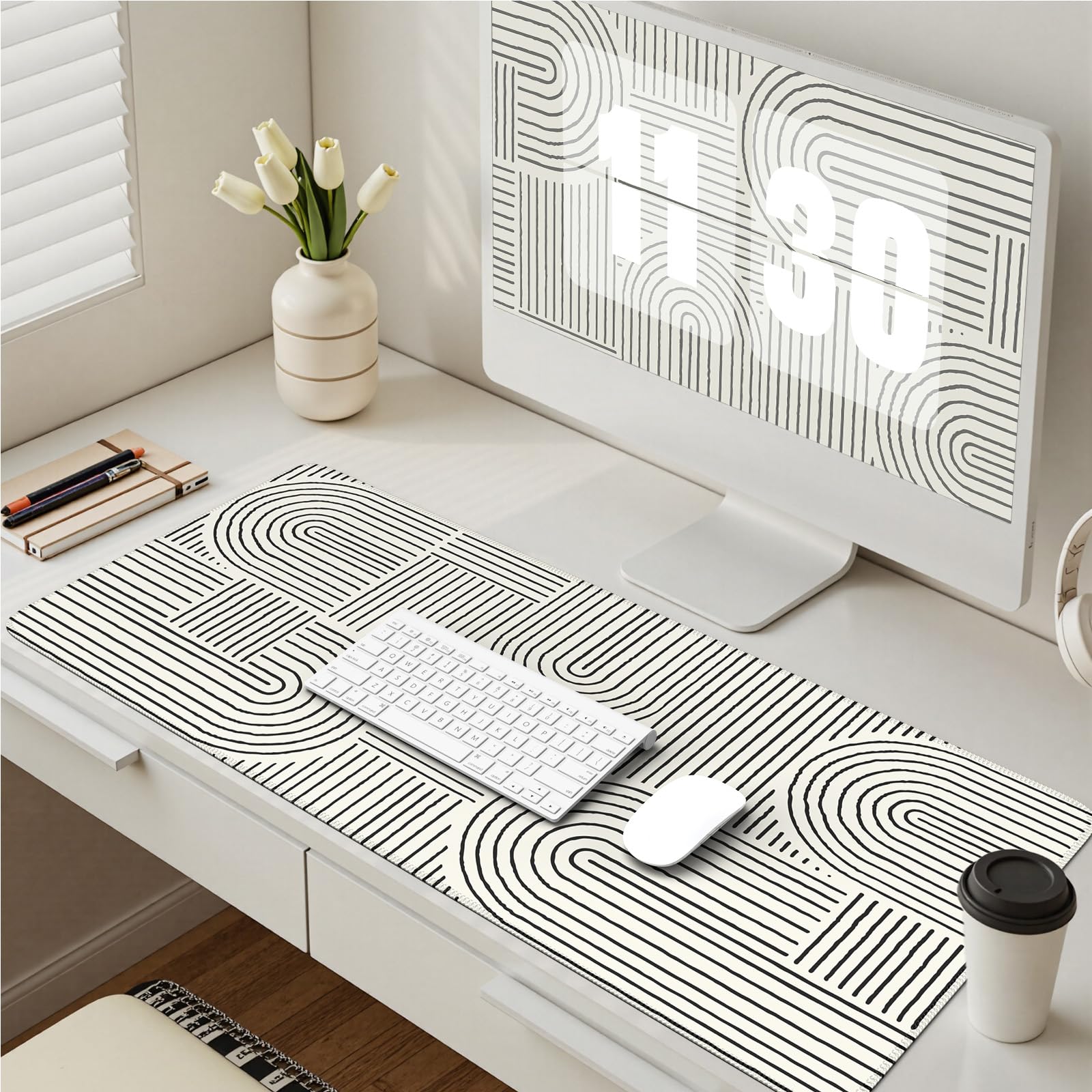 iCasso White Desk Mat - Large Anti-Slip Mouse Pad with Stitched Edges, Cute Keyboard Pad for Computer Workstation | Perfect for Office, Gaming & Home Office Setup