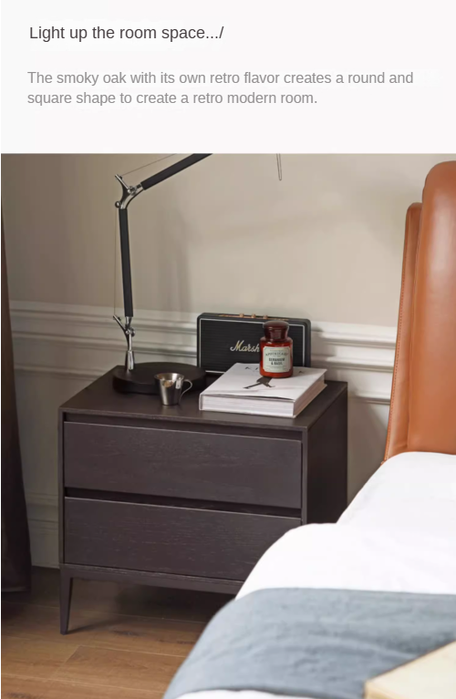 Solid Oak Wood Nightstand in Smoke Finish - Modern Bedside Table for Bedroom, Living Room, or Office