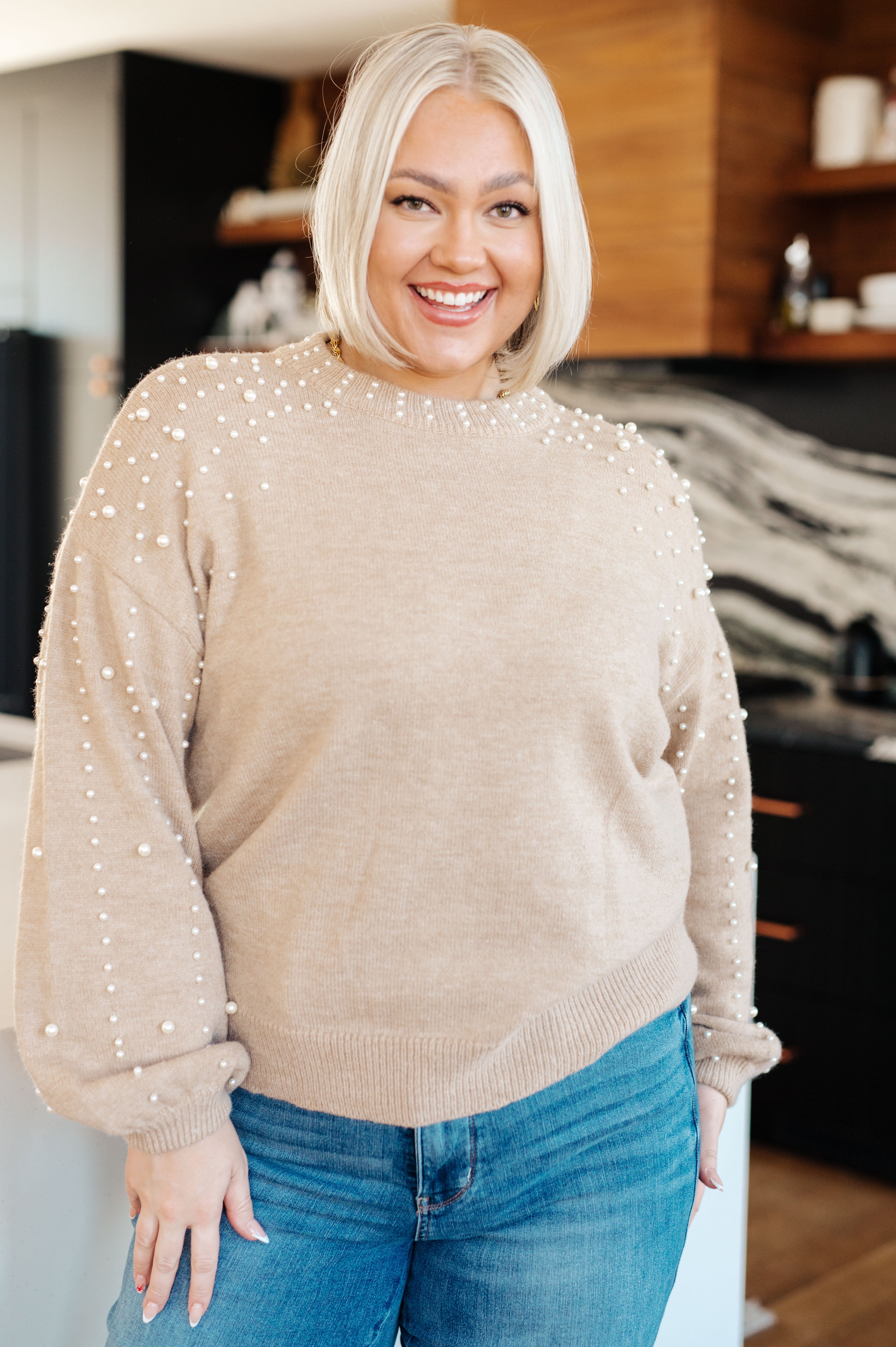 Elegant String Me Along Pearl Accent Sweater - Women's Chic Knit Pullover with Pearl Details for Casual Wear & Office Outfits