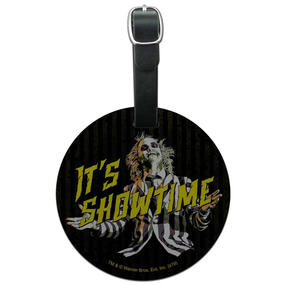 Beetlejuice 'It's Showtime' Round Leather Luggage Tag - Vintage Style Suitcase ID Tag for Carry-On Bags - Perfect for Travel, Cosplay & Halloween Costume Accessories