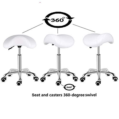 Kaleurrier Heavy Duty Rolling Saddle Stool - Adjustable Height Swivel Chair with Wheels for Lab, Clinic, Dentist, Salon, Massage, Office & Home Kitchen - Ergonomic Stool Without Back (White) - Perfect for Medical Professionals, Hair Stylists & Office Workers