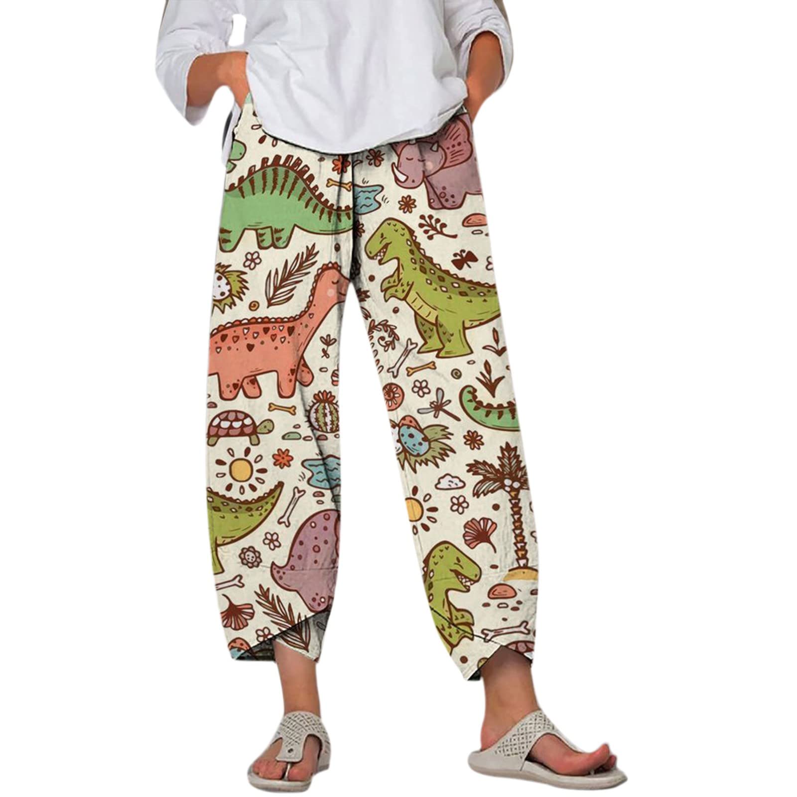 Women's Plus Size Linen Capri Pants - Wide Leg Flowy Printed Summer Ankle Pants | Comfortable & Breathable for Casual Wear, Beach Vacation & Yoga