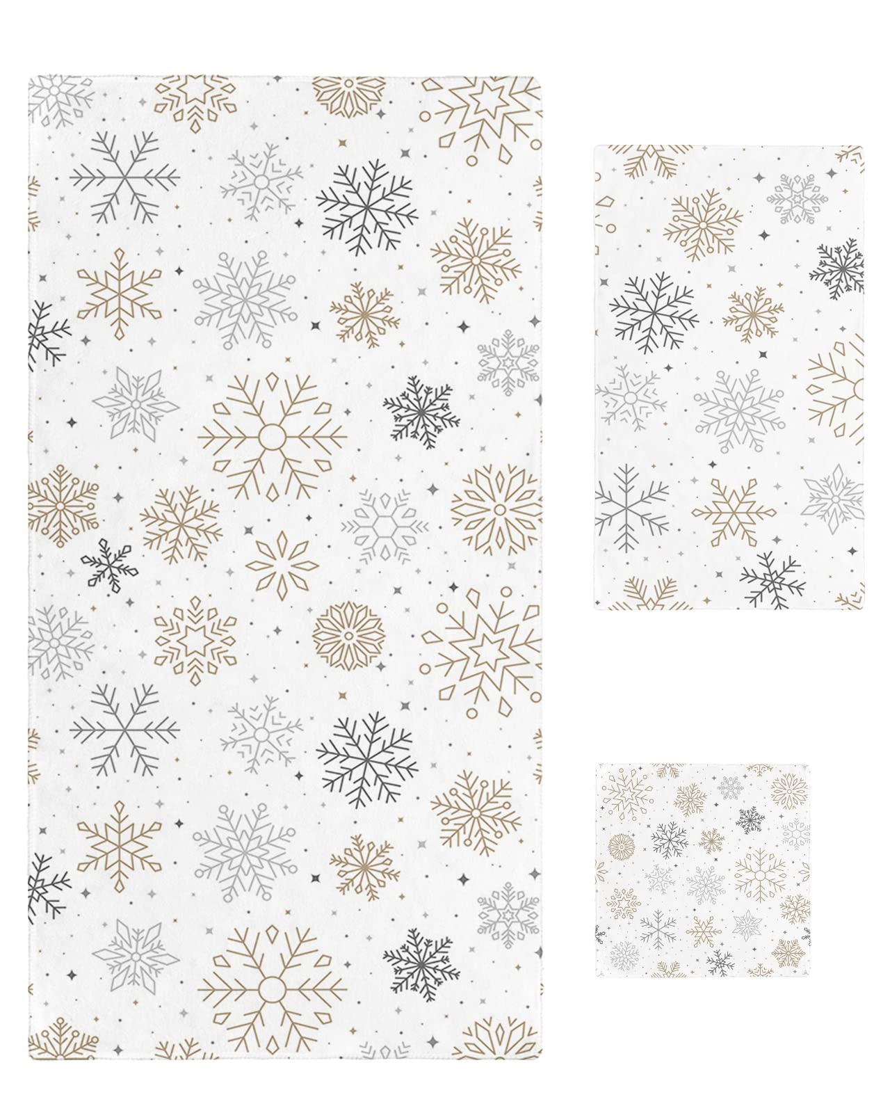 DecorLovee Christmas Snowflake Bath Towels Set of 3 - Soft Absorbent Luxury Bath, Hand & Washcloth Towels in Grey Winter Snowflake Design for Bathroom, Kitchen & Beach | Holiday Home Decor & Cozy Winter Gift