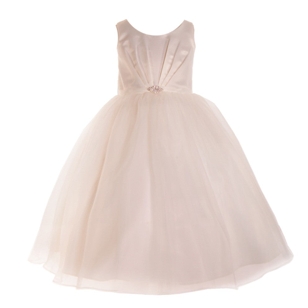 Ivory Satin Organza Brooch Bridesmaid Dress for Big Girls - Size 8-12 | Perfect for Junior Bridesmaids, Flower Girls & Special Occasions
