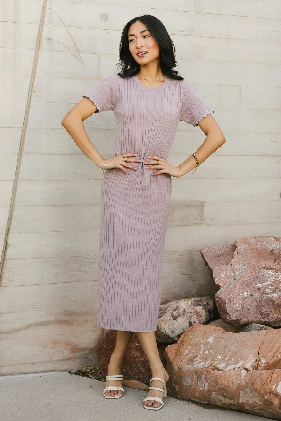 Emmie Ribbed Midi Dress in Lavender | Women's Stretchy Bodycon Dress with Long Sleeves | Perfect for Date Night, Office Wear & Fall Outfits | FINAL SALE