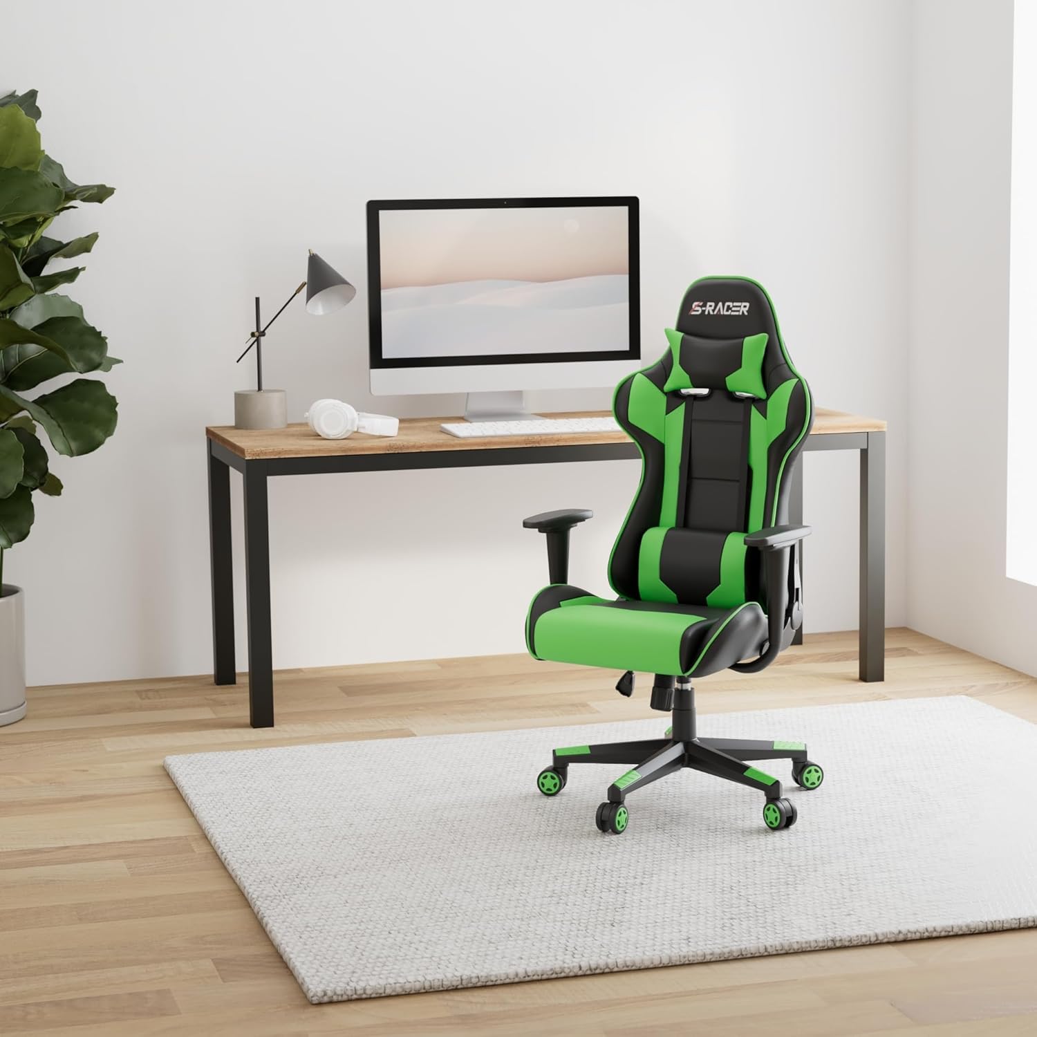 Homall Ergonomic Gaming Chair - High Back Office Chair with Adjustable Headrest & Lumbar Support, Leather Computer Desk Chair for Racing, Executive & Task Work - Perfect for Gaming, Home Office & Workspace (Green)