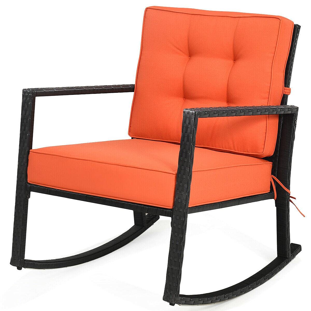 **Outdoor Rattan Rocking Chair with Cushion - Patio Glider Wicker Rocker for Lawn, Deck, Garden & Camping - Comfortable Mikalo Chair for Relaxing & Lounging**