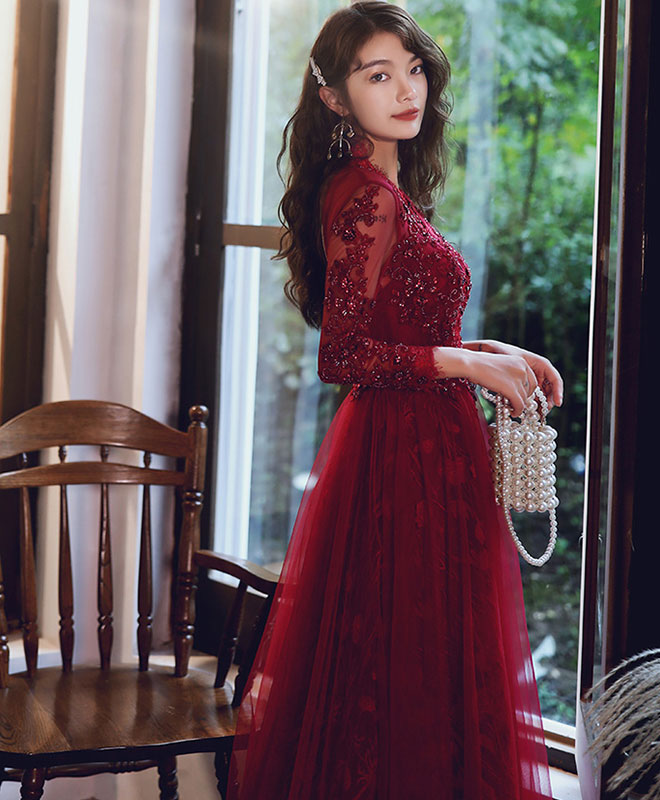 Elegant Burgundy V-Neck Tulle Lace Long Prom Dress for Women | Formal Evening Gown for Homecoming, Wedding, Party & Special Occasions