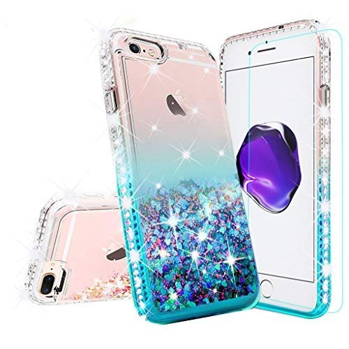 Premium Shockproof Liquid Glitter Phone Case for iPhone 8 Plus/7 Plus - Cute Bling Quicksand Design with Tempered Glass Protection | Trendy Protective Case for Women & Girls | Perfect for Everyday Use, Parties & Travel (Clear/Teal)