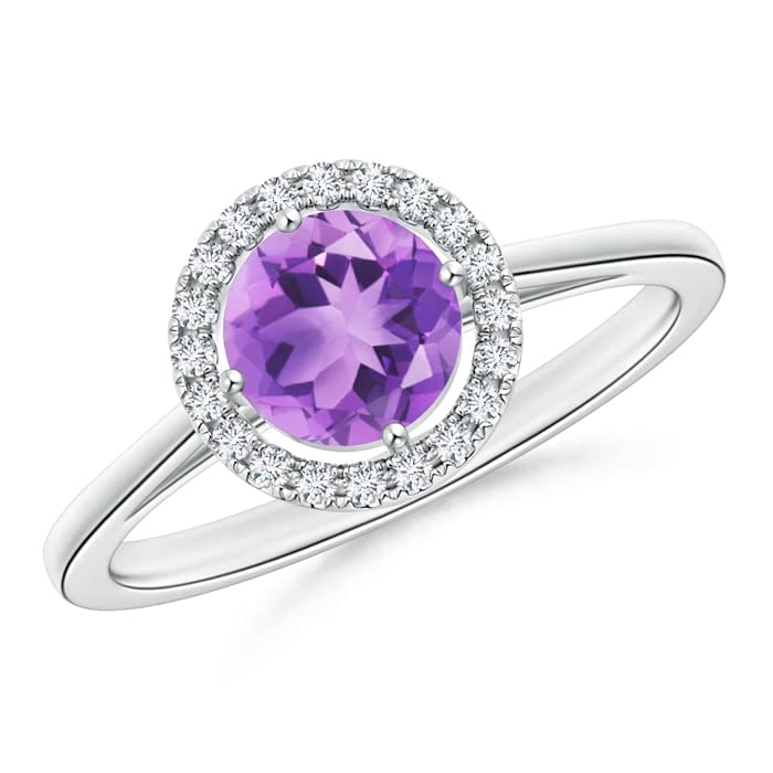 Floating Round Amethyst Ring with Diamond Halo - 6mm Genuine Amethyst Gemstone - Elegant Purple Jewelry for Women - Perfect for Valentine's Day, Anniversary & Special Occasions