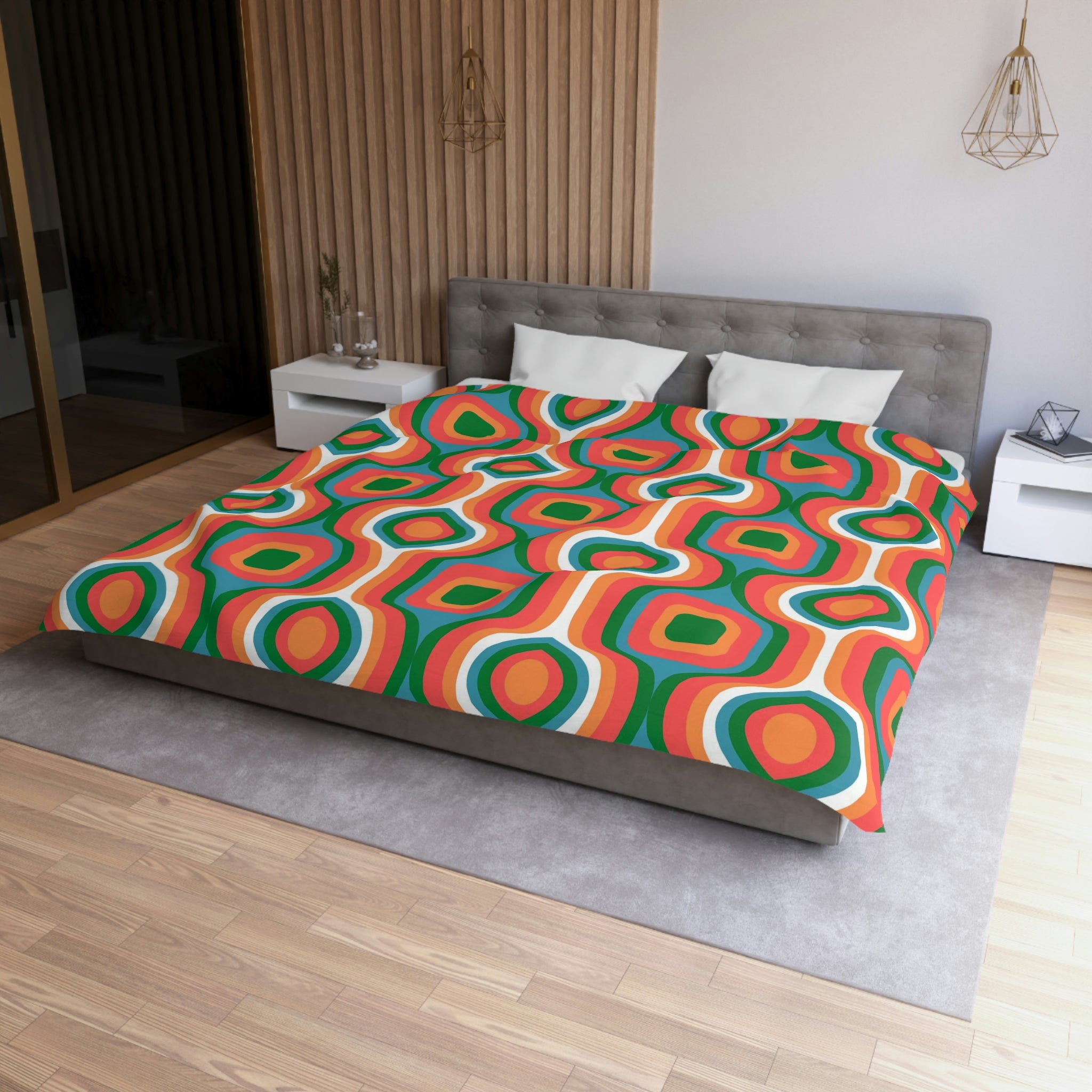Groovy Retro Duvet Cover Set - 70s 80s Vintage Bedding - Soft Microfiber Polyester Queen/King Size - Perfect for Bohemian Bedroom Decor & Hippie Themed Rooms