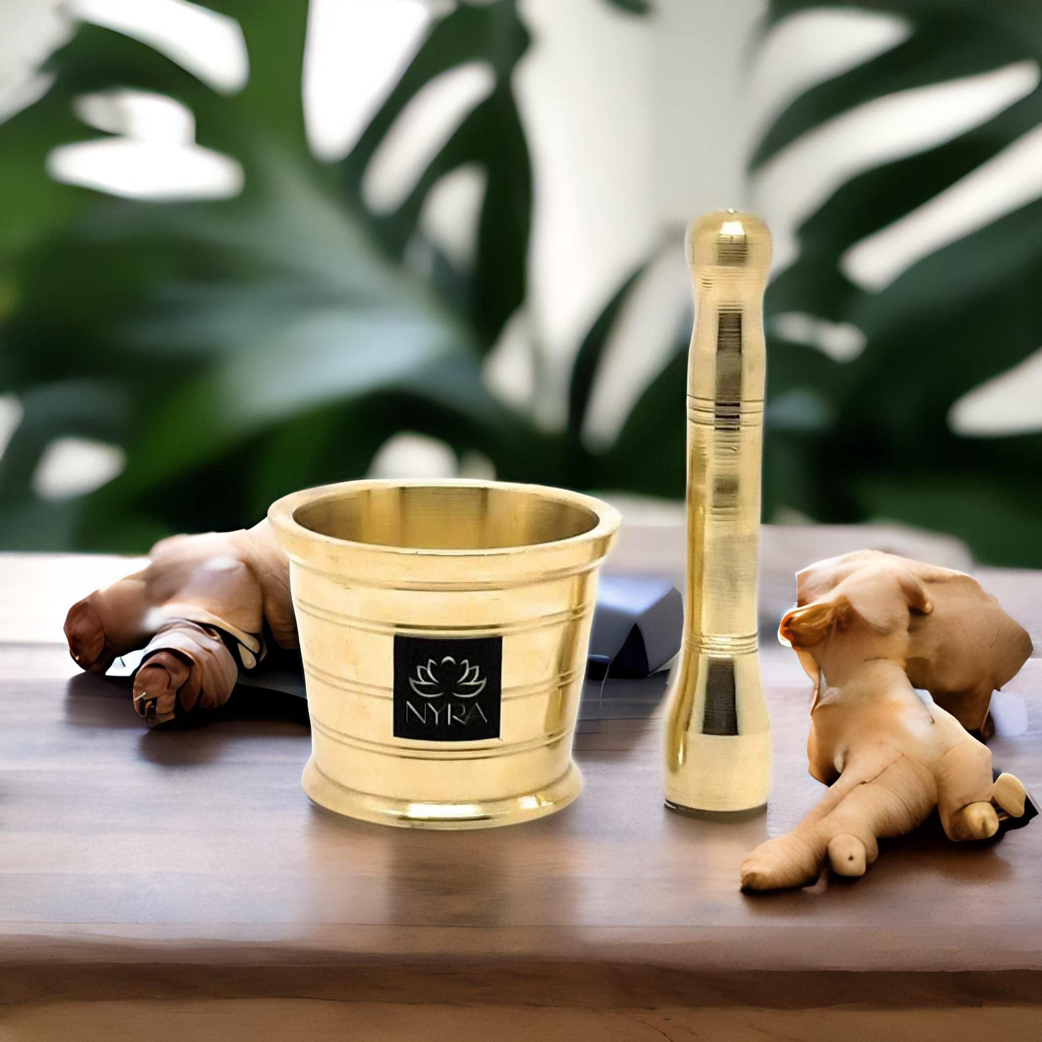 Nyra® Pure Brass Mortar and Pestle Set - Traditional Spice Grinder for Kitchen, Herb Crusher, Okhli Masal, Imam Dasta - Perfect for Grinding Spices, Herbs, and Making Fresh Pastes - Ideal for Indian Cooking, Ayurvedic Remedies, and Home Kitchen Use