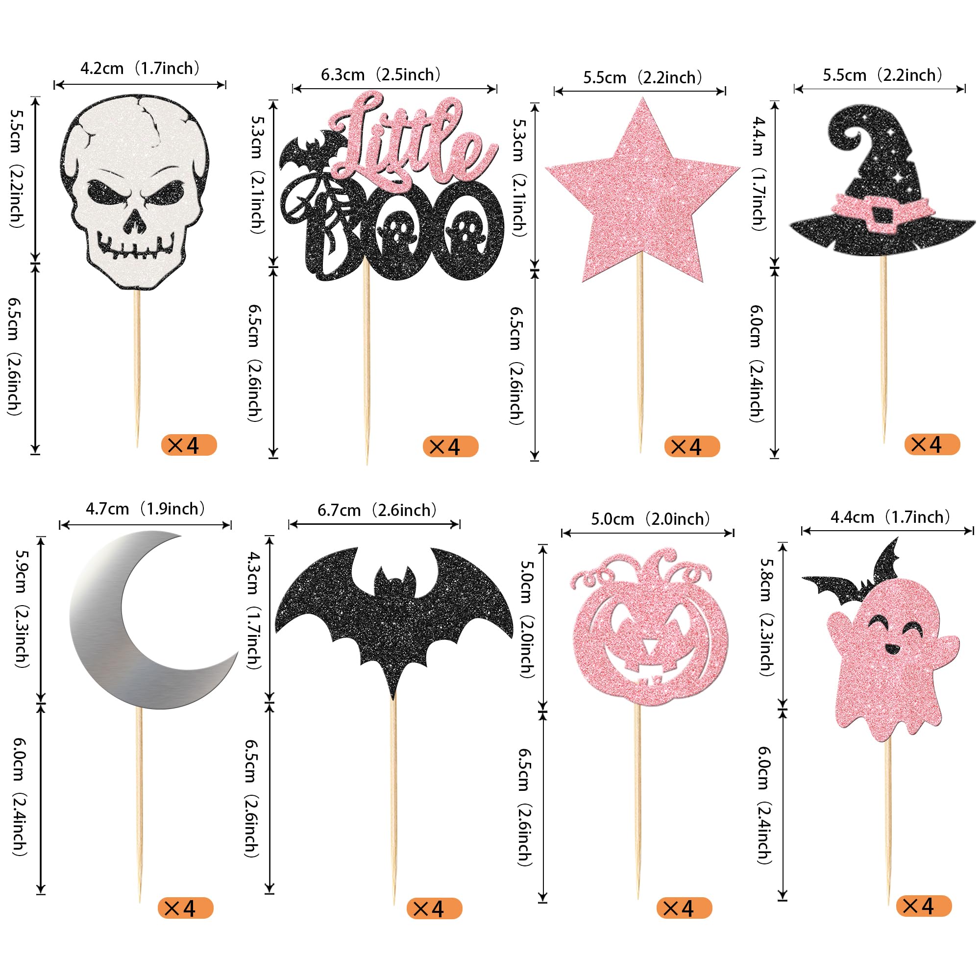 32 Pack Halloween Cupcake Toppers - Pink & Black Glitter Bat Ghost Little Boo Food Picks for Pumpkin Baby Shower Cake Decor | Halloween & Birthday Party Supplies | Perfect for Halloween Treats, Cupcake Decorating, Baby Showers & Birthday Celebrations