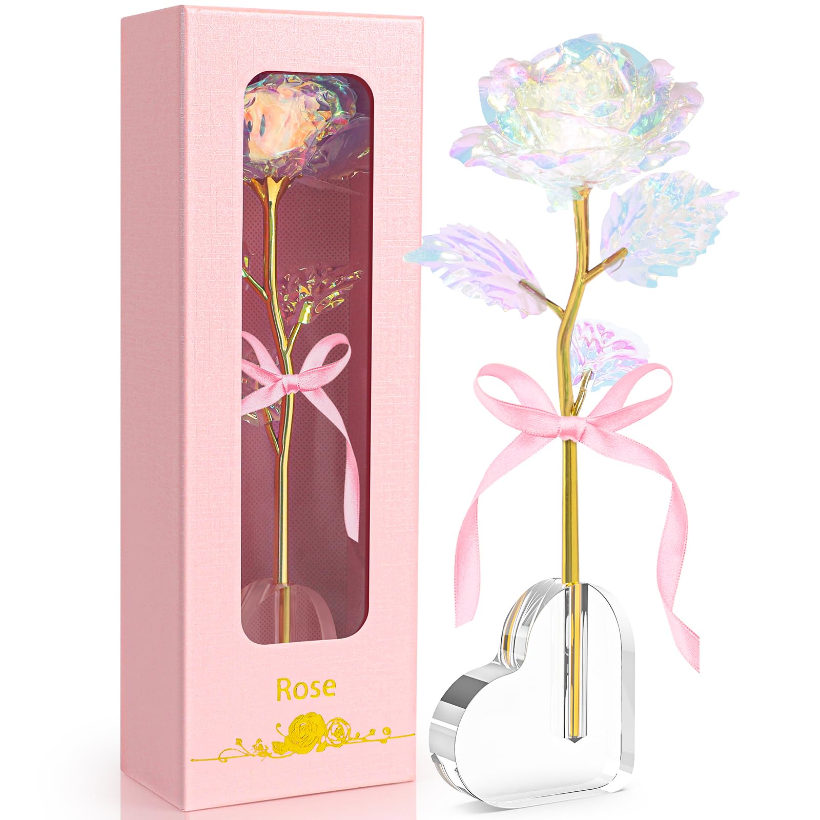 Galaxy Rose Enchanted Crystal Flower with Heart Base - Valentine's Day Gifts for Women, Wife, Grandma, Mom & Sisters | Birthday, Mother's Day, Christmas & Anniversary Present | Romantic Home Decor & Special Occasion Gift Idea