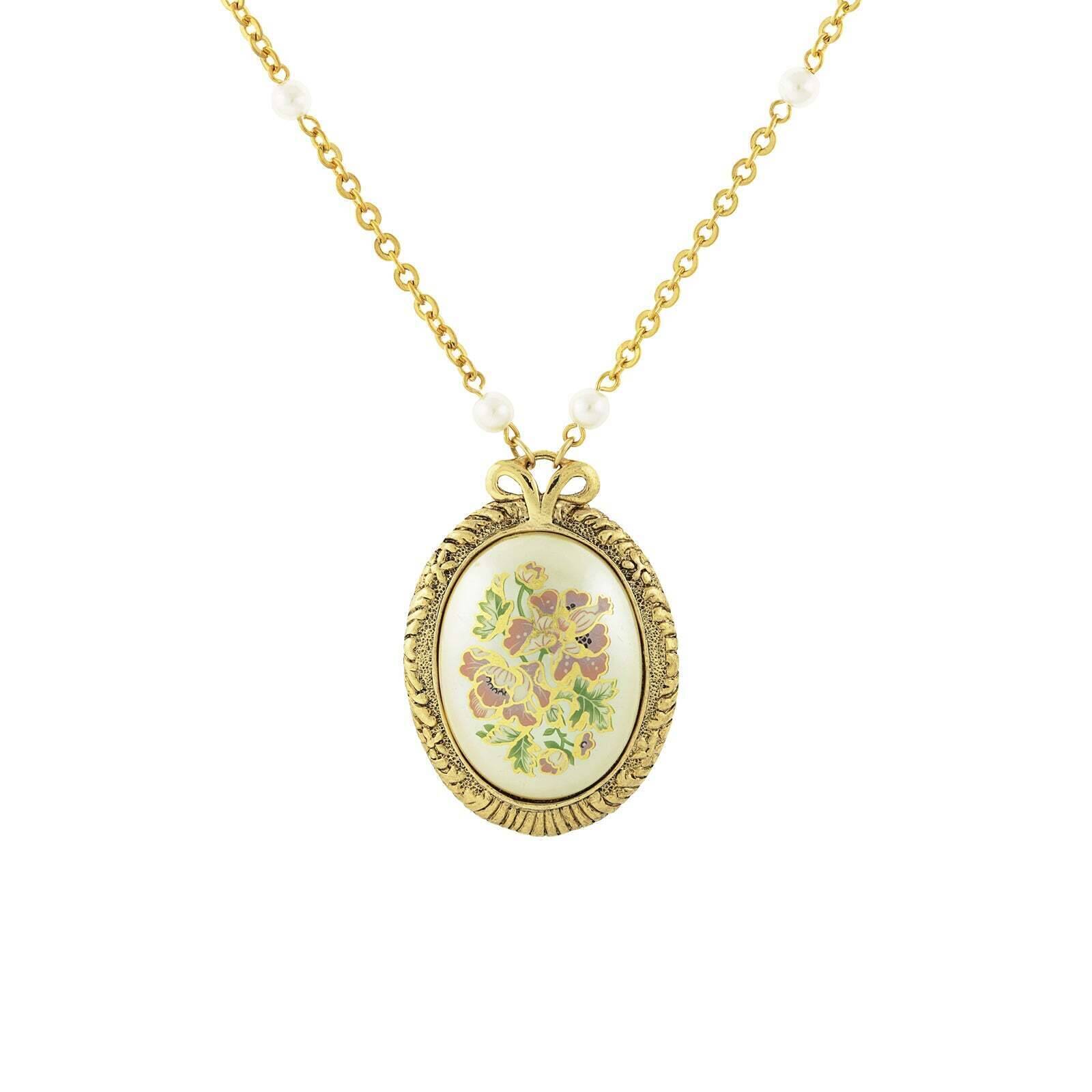 1928 Vintage Style Large Oval Flower Pendant Necklace with Faux Pearls - 30 Inch Chain for Women, Elegant Jewelry Gift for Wedding, Party & Special Occasions