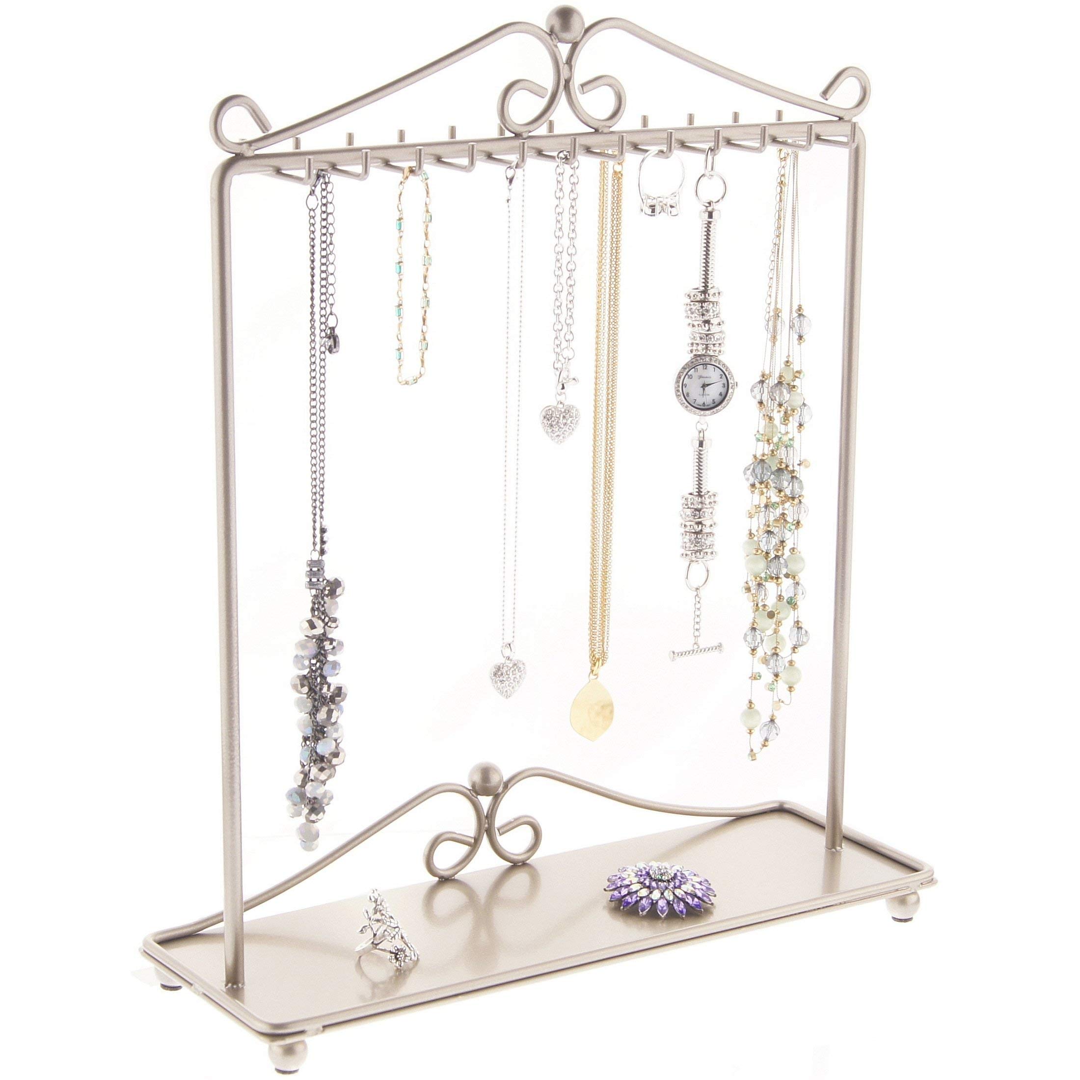 Freestanding Jewelry Organizer Stand - Tall Necklace Holder & Bracelet Display Rack in Calla Satin Nickel Silver | Perfect for Bedroom, Bathroom & Closet Organization