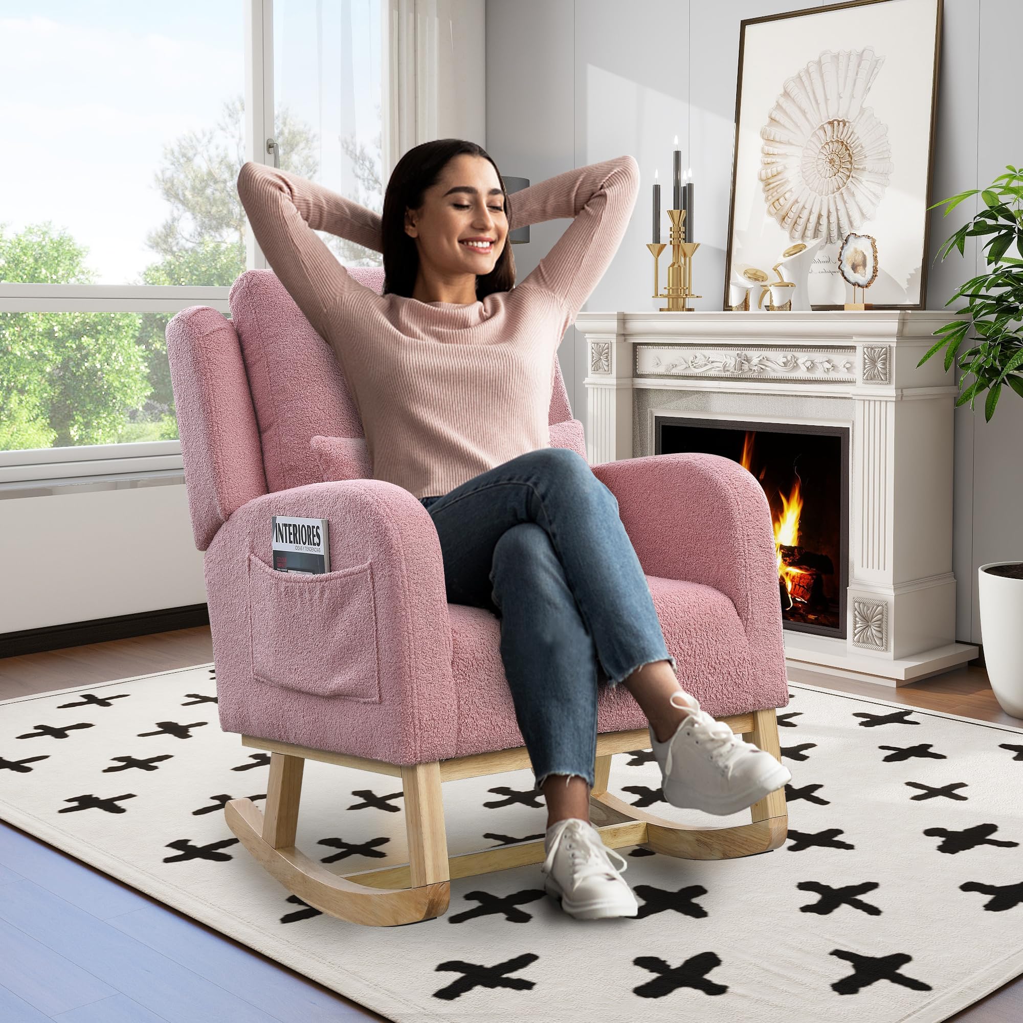**Comfy Teddy Fabric Nursery Rocking Chair with Pillow & Side Pockets - Wingback Glider Armchair for Nursing, Living Room, Bedroom - Perfect for Relaxing & Breastfeeding (Pink)**