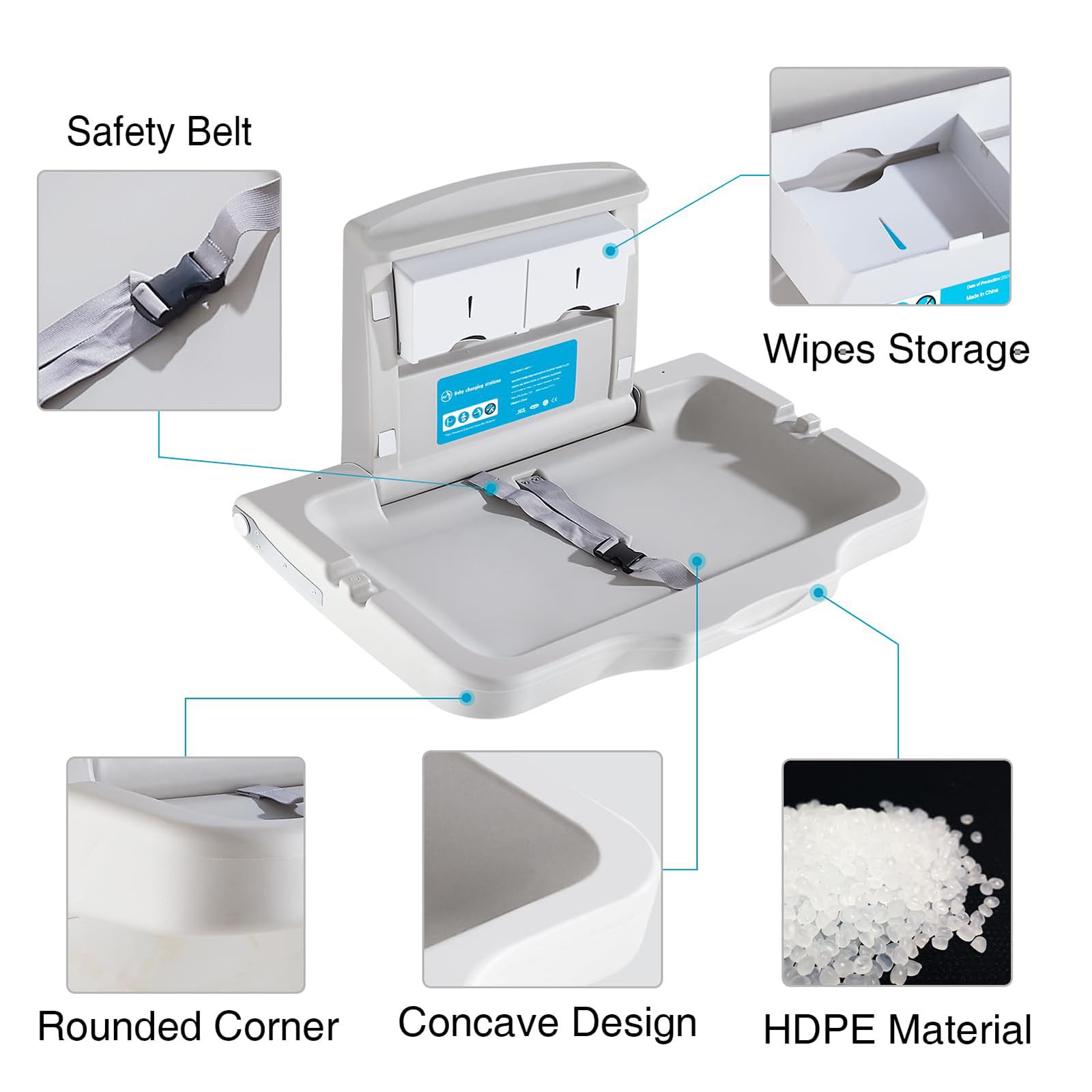Wall Mounted Baby Changing Station - Foldable Diaper Changing Table for Commercial Restrooms | Durable HDPE Material with Safety Strap (White/Gray) | Ideal for Daycares, Shopping Malls & Public Restrooms