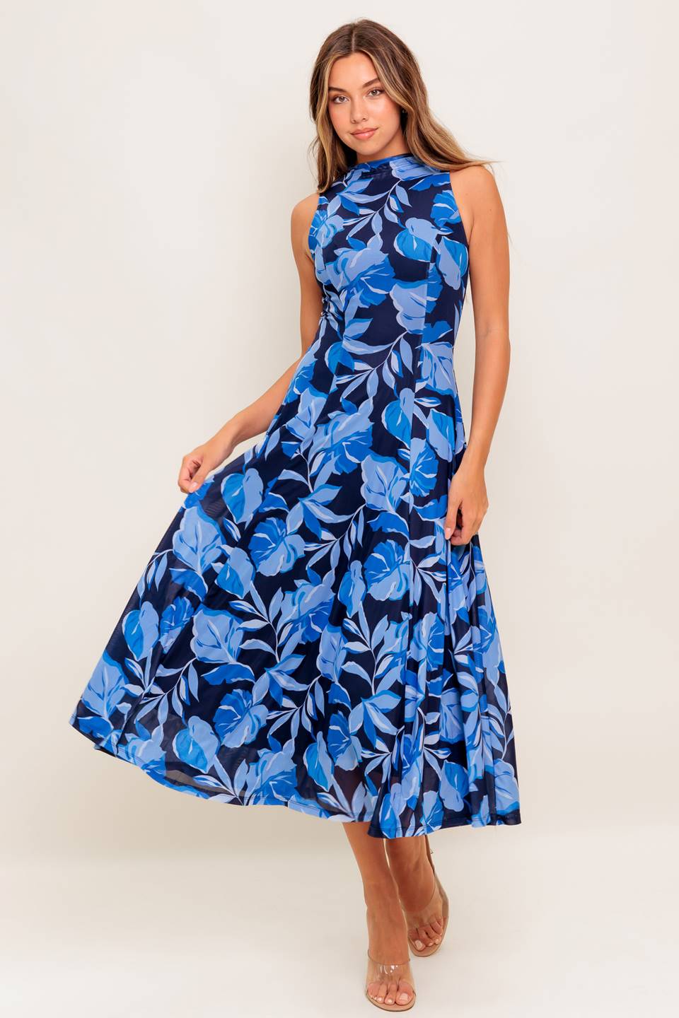 PALMER POWER MESH PRINTED MIDI DRESS in Blue | Flattering Bodycon Dress for Women | Perfect for Cocktail Parties, Date Nights & Special Occasions