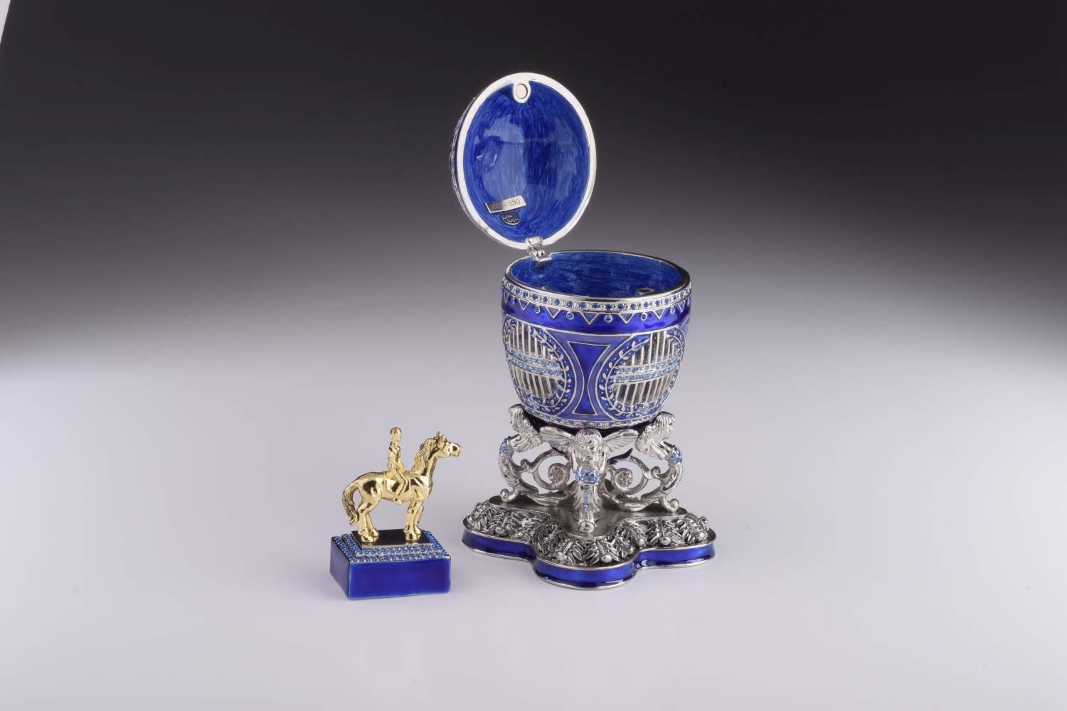 Blue Russian Egg Trinket Box with Man Riding Horse Surprise Inside - Unique Faberge Egg Decorated with Austrian Crystals - Limited Edition Collectible Easter Gift for Home Decor, Jewelry Storage & Holiday Display